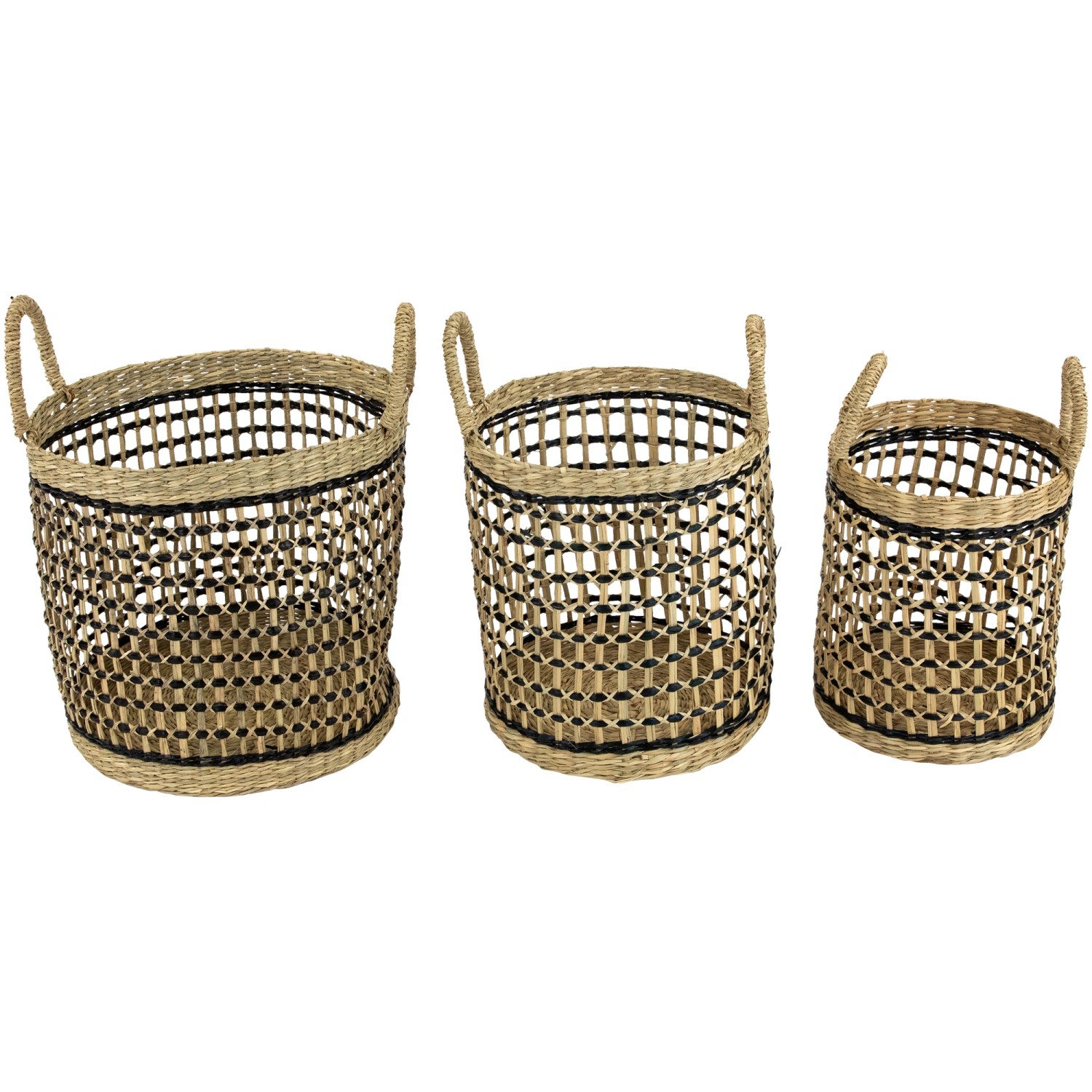 Set of 3 Open Honeycomb Weave Seagrass Storage Baskets with Handles 11.75"