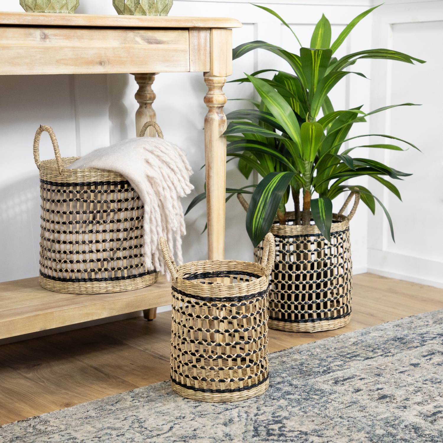 Set of 3 Open Honeycomb Weave Seagrass Storage Baskets with Handles 11.75"