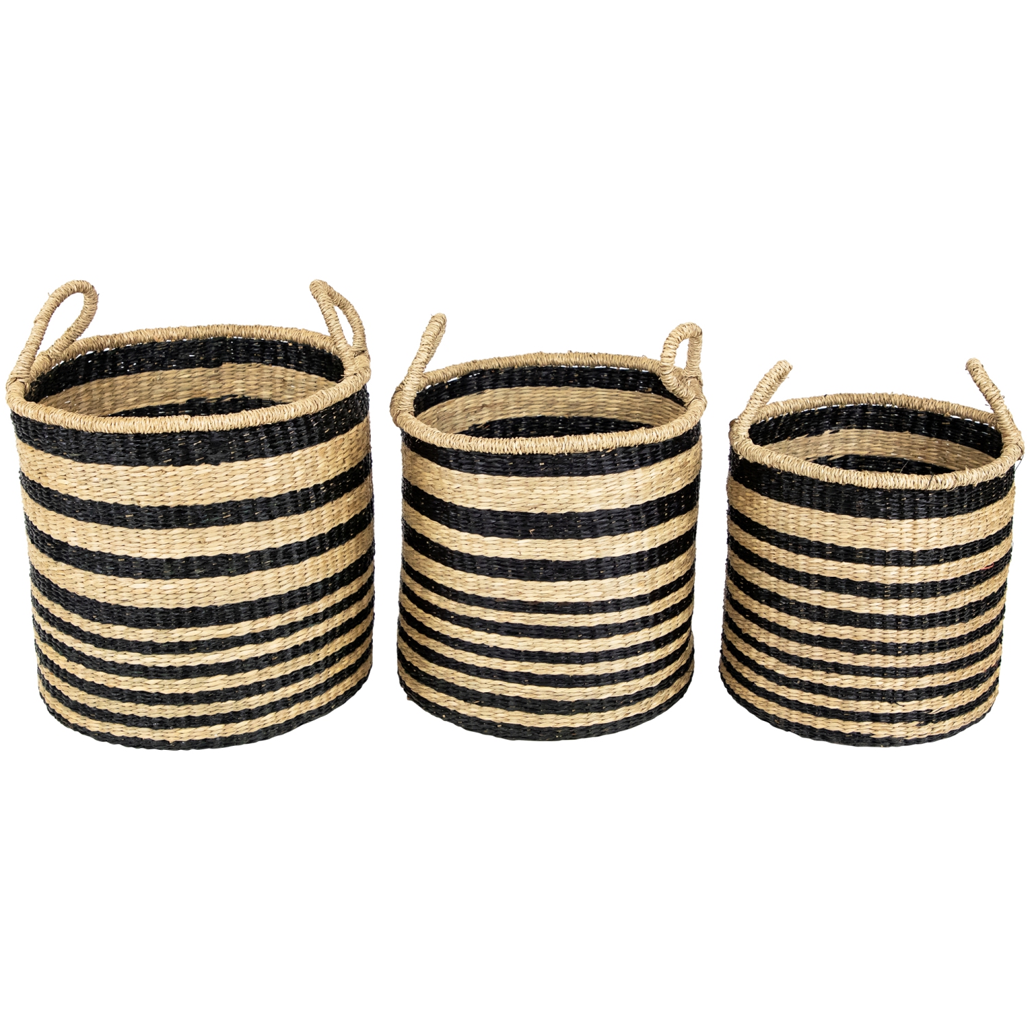 Set of 3 Khaki and Black Woven Seagrass Striped Storage Baskets with Handles 15.25"