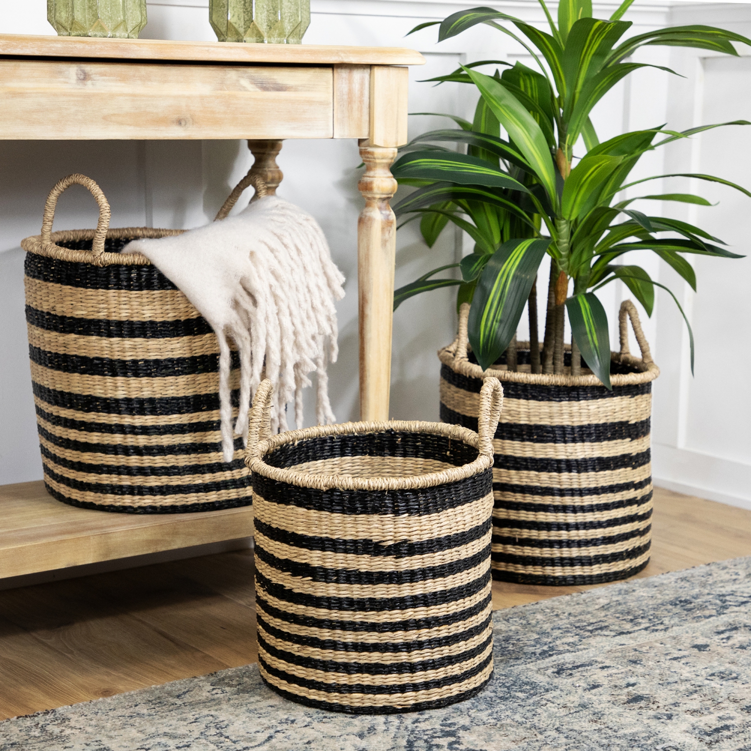 Set of 3 Khaki and Black Woven Seagrass Striped Storage Baskets with Handles 15.25"