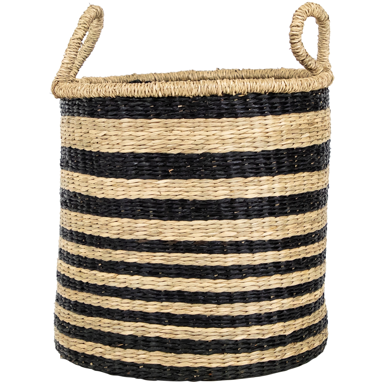Set of 3 Khaki and Black Woven Seagrass Striped Storage Baskets with Handles 15.25"