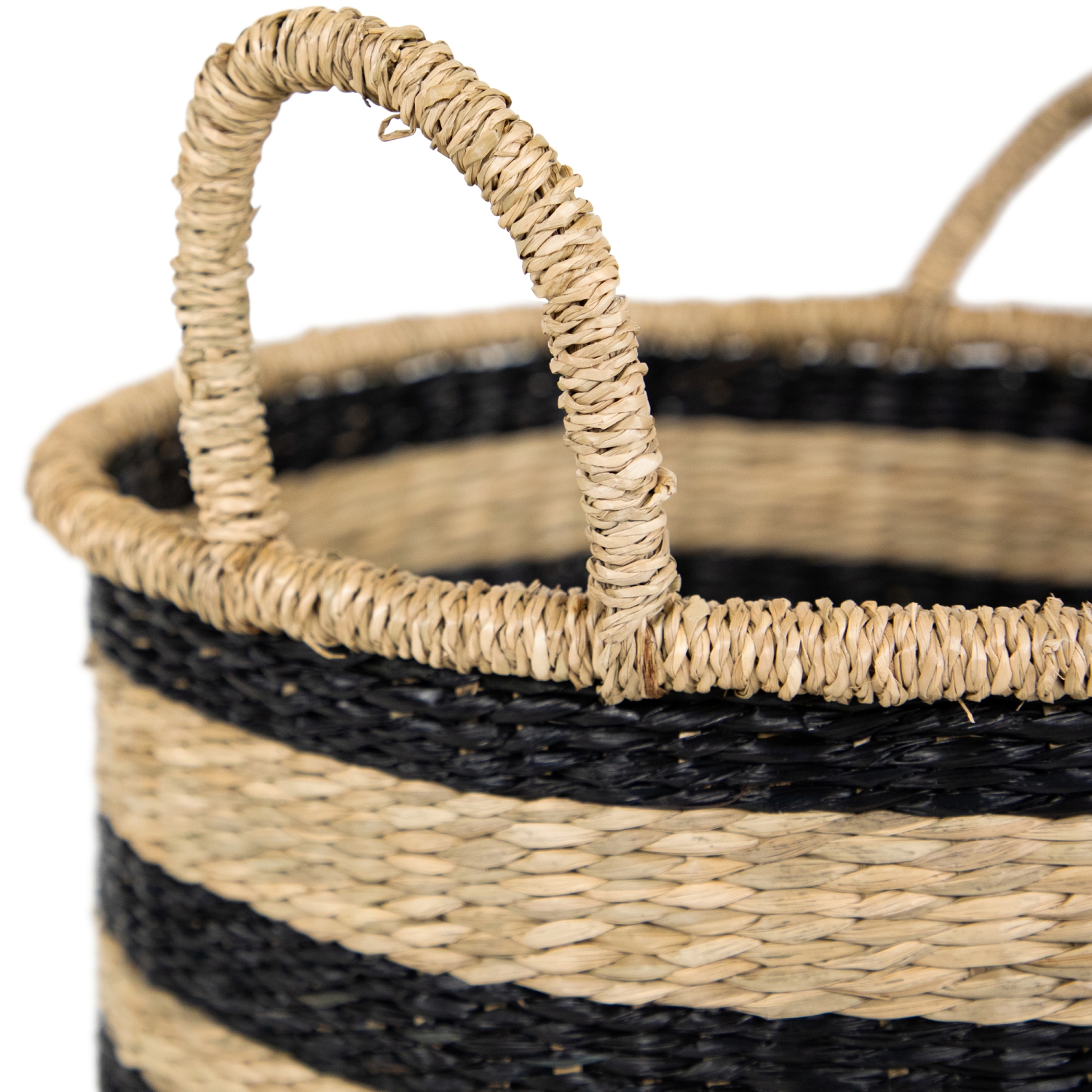 Set of 3 Khaki and Black Woven Seagrass Striped Storage Baskets with Handles 15.25"