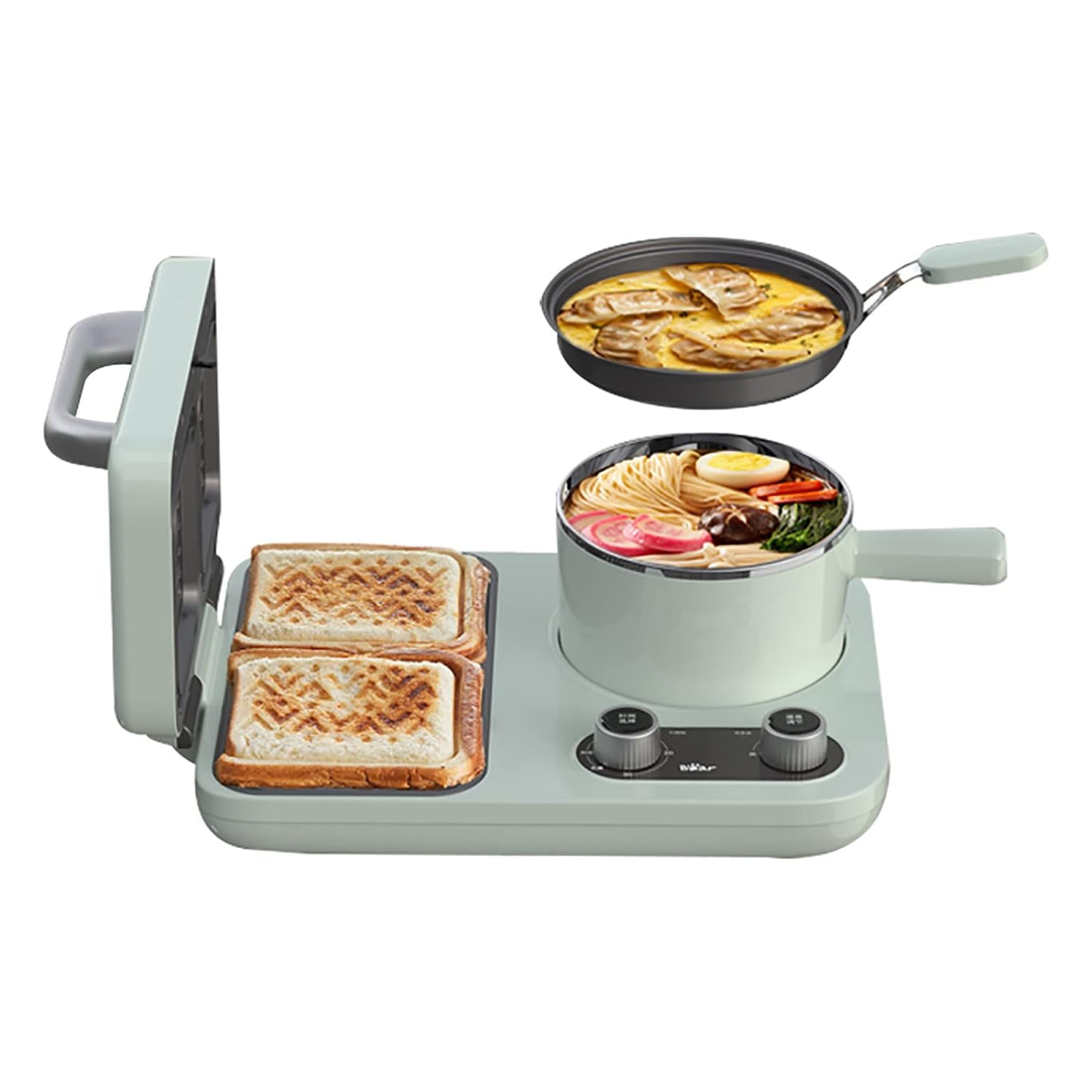BEAR All-in-1 Breakfast Station with Sandwich/Bread/Egg/Waffle/Hamburger Maker, Soup/Milk/Congee Boiler - Green