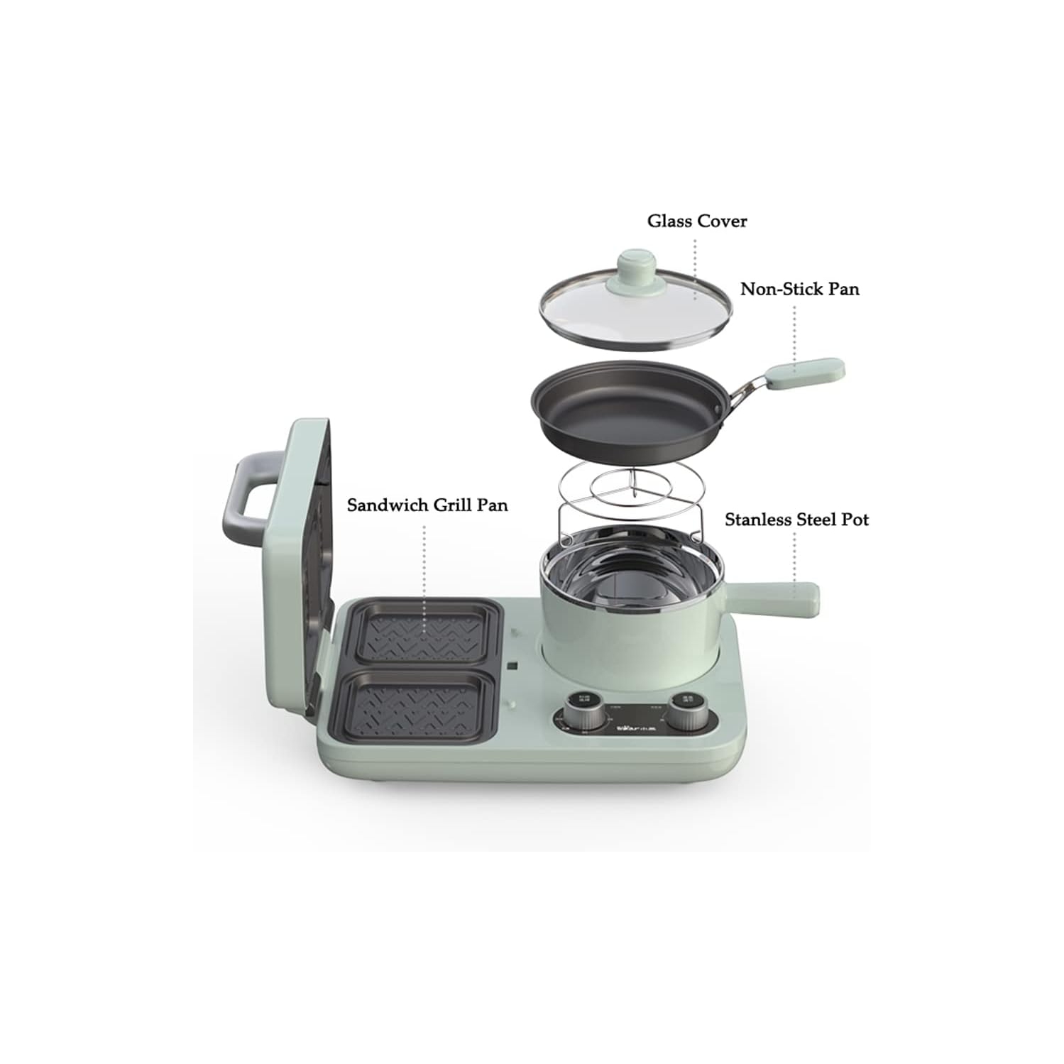 BEAR All-in-1 Breakfast Station with Sandwich/Bread/Egg/Waffle/Hamburger Maker, Soup/Milk/Congee Boiler - Green