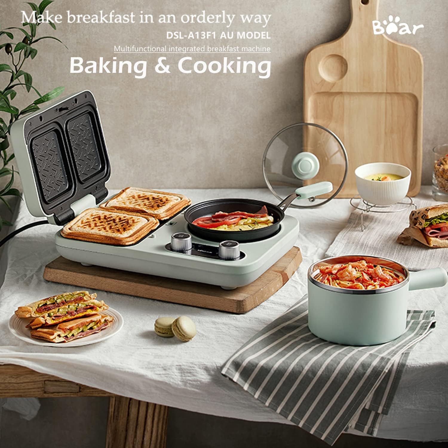 BEAR All-in-1 Breakfast Station with Sandwich/Bread/Egg/Waffle/Hamburger Maker, Soup/Milk/Congee Boiler - Green