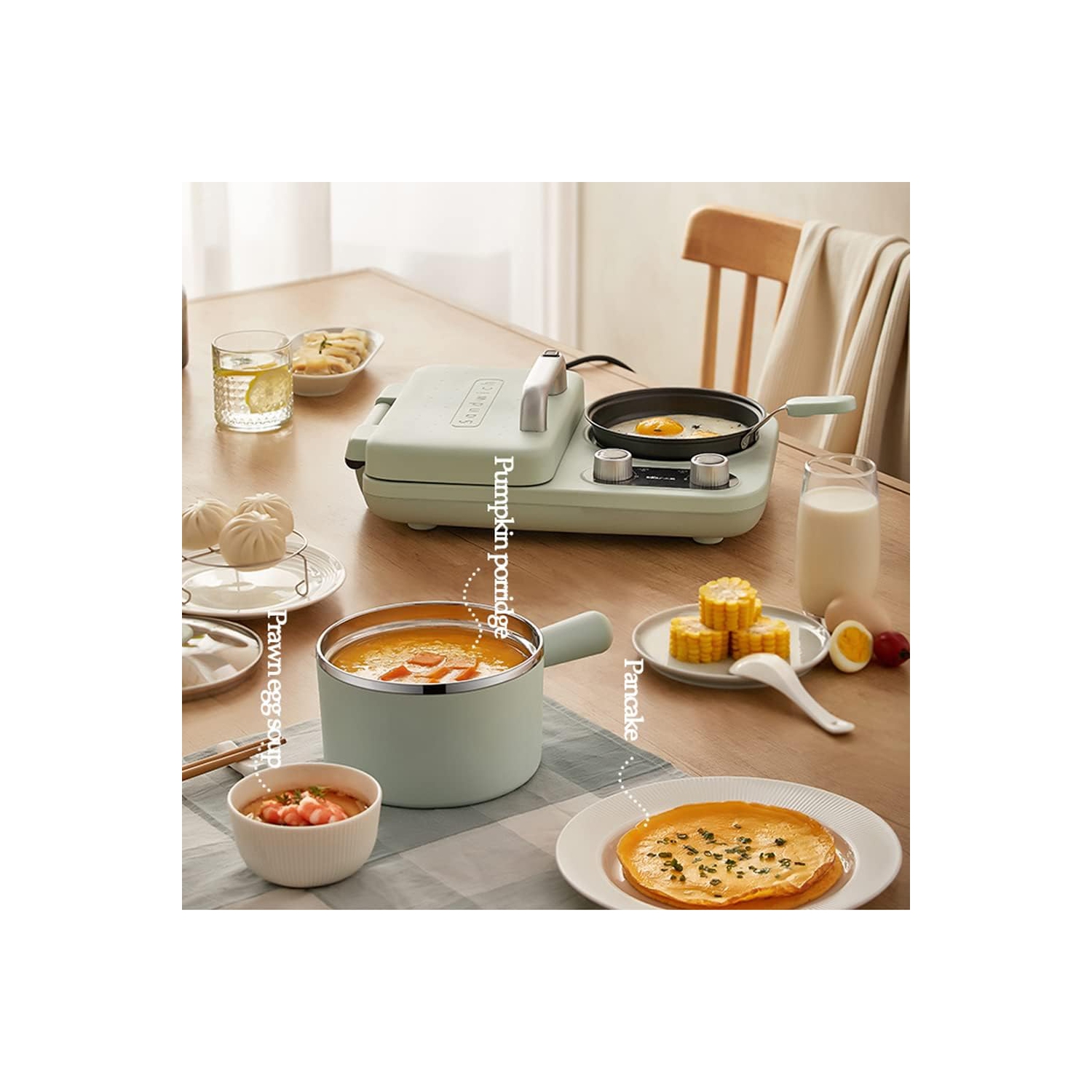 BEAR All-in-1 Breakfast Station with Sandwich/Bread/Egg/Waffle/Hamburger Maker, Soup/Milk/Congee Boiler - Green