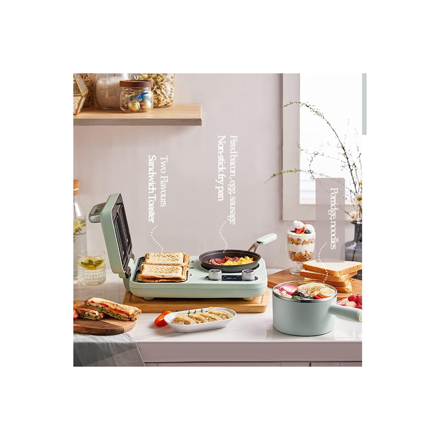 BEAR All-in-1 Breakfast Station with Sandwich/Bread/Egg/Waffle/Hamburger Maker, Soup/Milk/Congee Boiler - Green