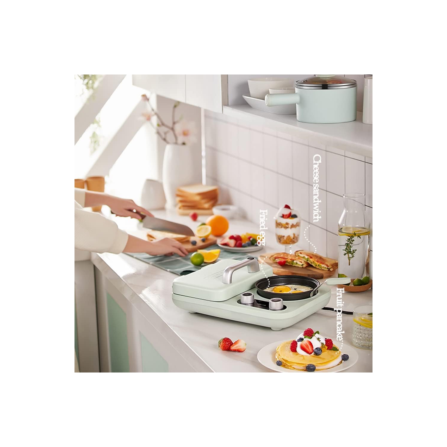 BEAR All-in-1 Breakfast Station with Sandwich/Bread/Egg/Waffle/Hamburger Maker, Soup/Milk/Congee Boiler - Green