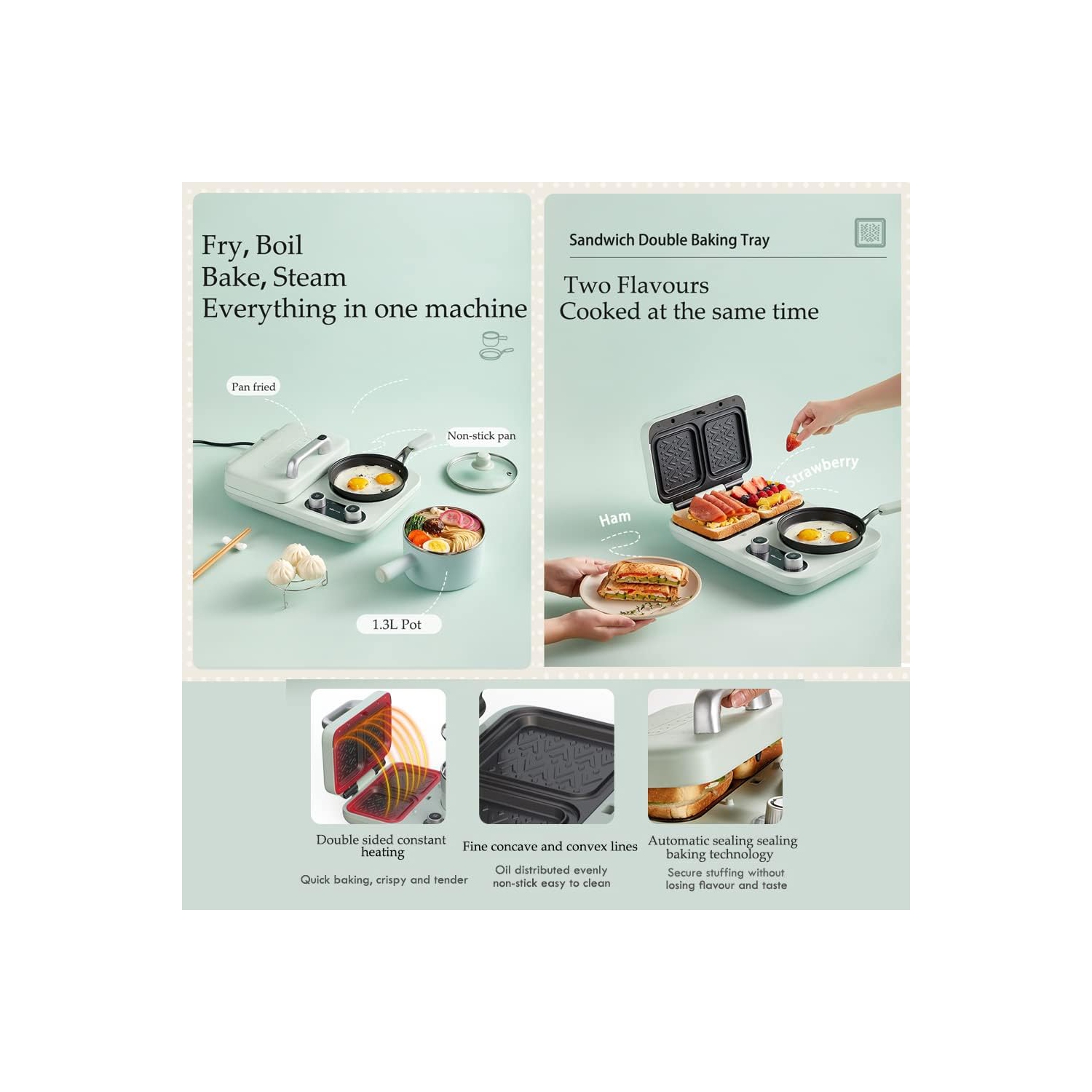 BEAR All-in-1 Breakfast Station with Sandwich/Bread/Egg/Waffle/Hamburger Maker, Soup/Milk/Congee Boiler - Green