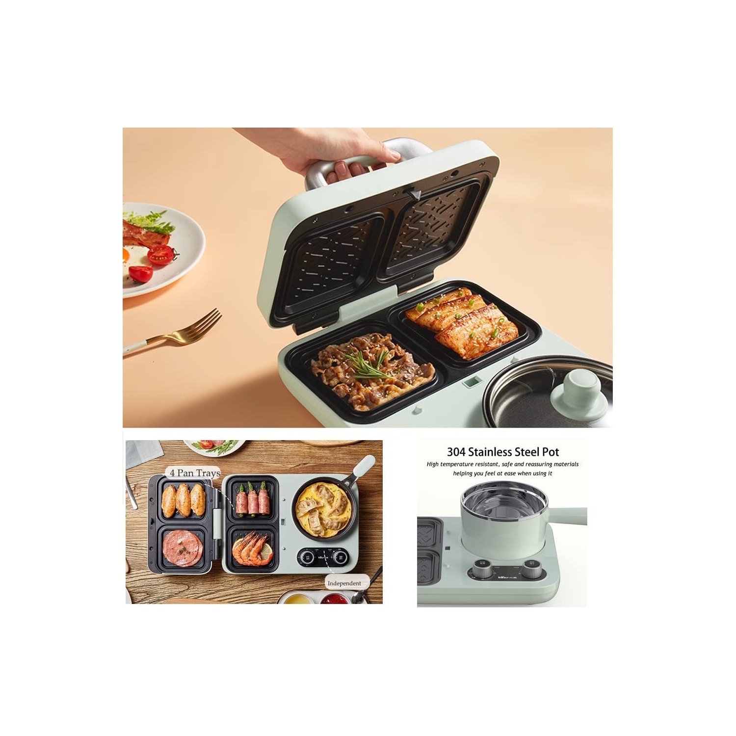 BEAR All-in-1 Breakfast Station with Sandwich/Bread/Egg/Waffle/Hamburger Maker, Soup/Milk/Congee Boiler - Green