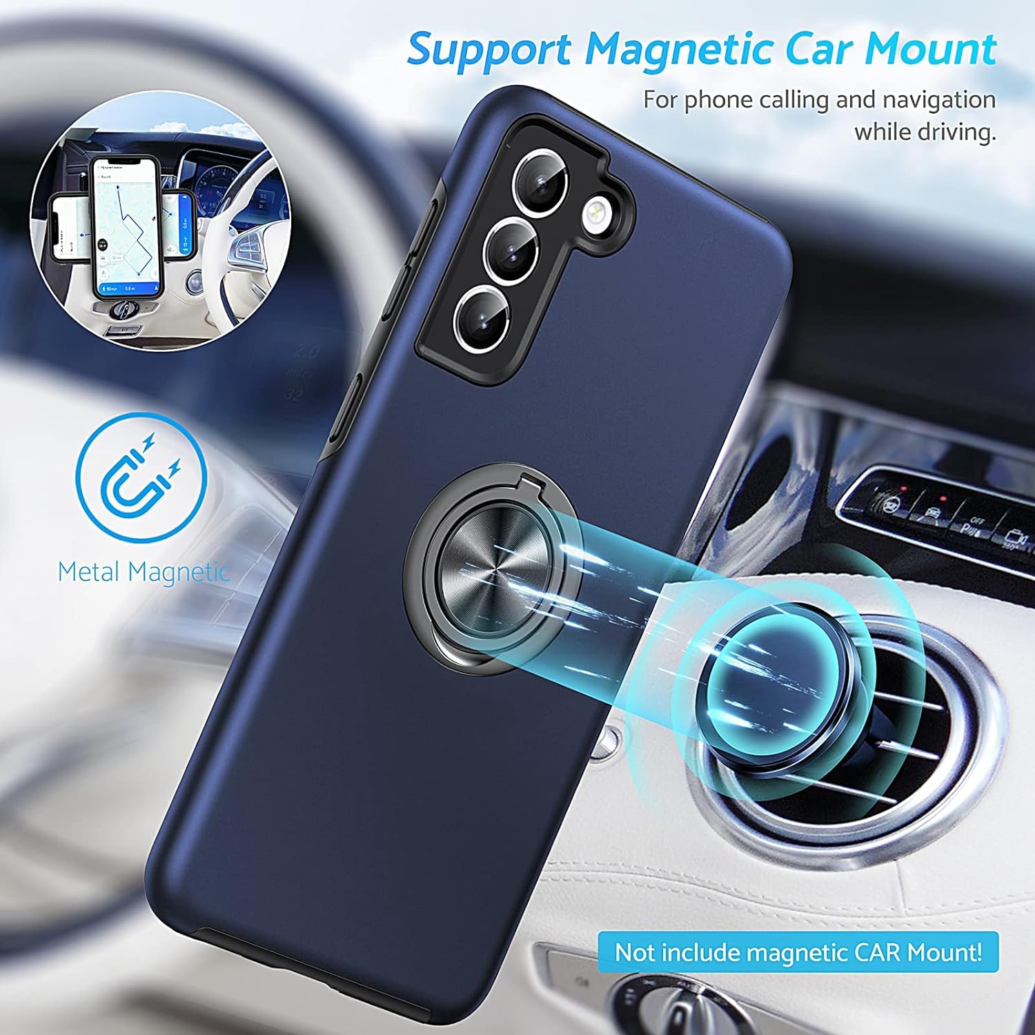 Shockproof 360 Magnetic Protective Case With Ring Holder, Kick Stand - Samsung Galaxy S23 FE - Navy Blue
