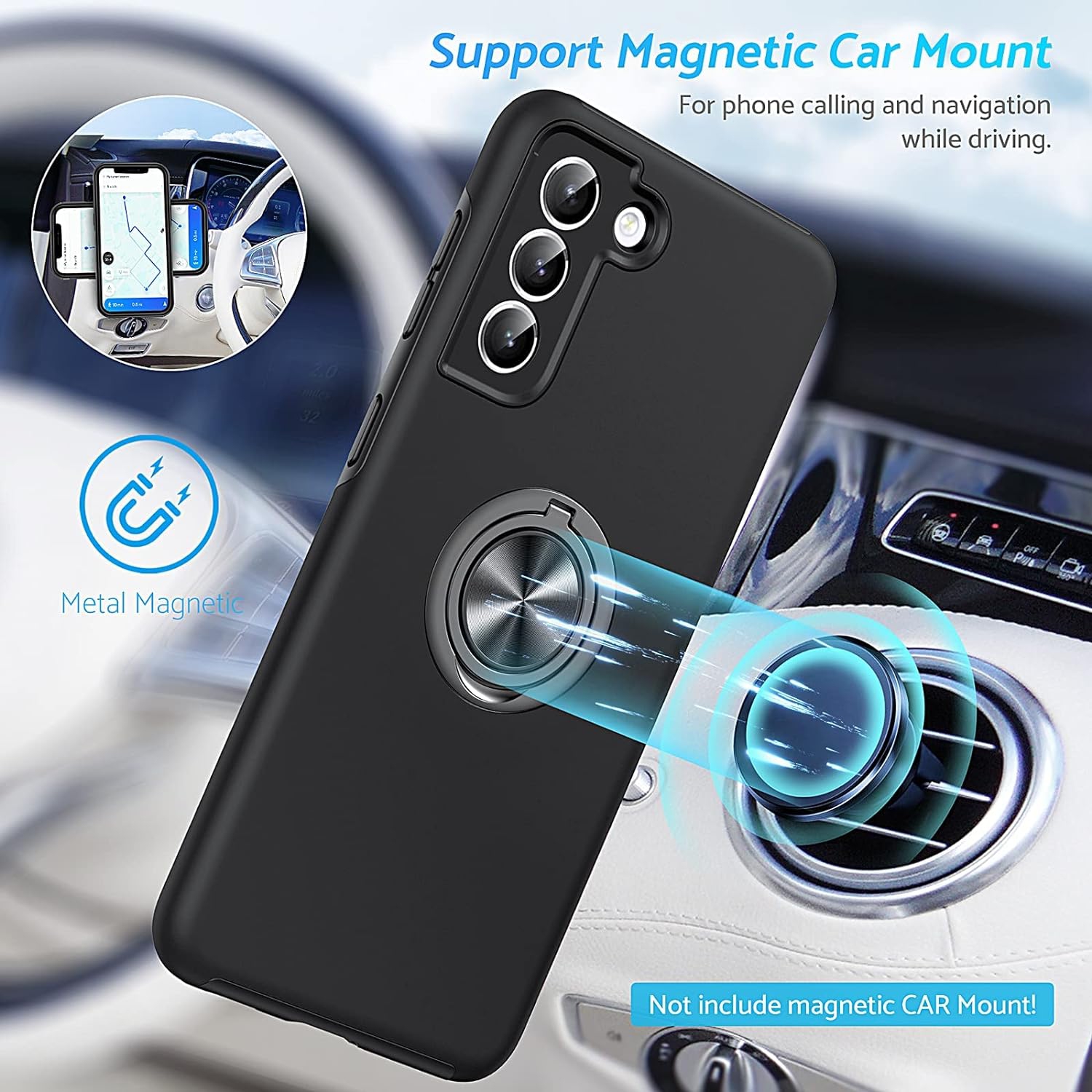 Shockproof 360 Magnetic Protective Case With Ring Holder, Kick Stand - Samsung Galaxy S23 FE - Black