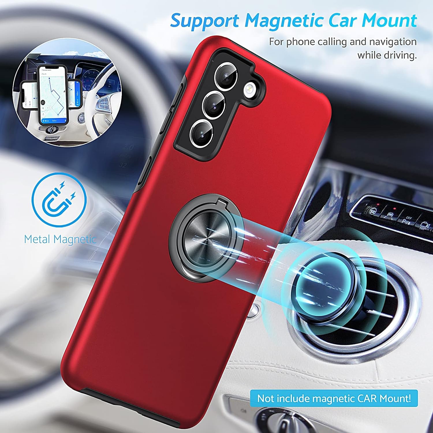 Shockproof 360 Magnetic Protective Case With Ring Holder, Kick Stand - Samsung Galaxy S23 FE - Red