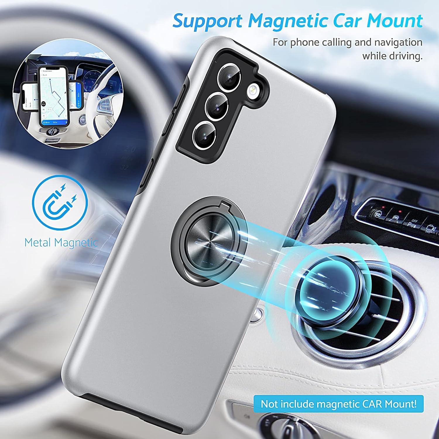 Étui de protection magnétique antichoc 360 avec anneau de support, support - Galaxy S24 Ultra de Samsung - Argenté