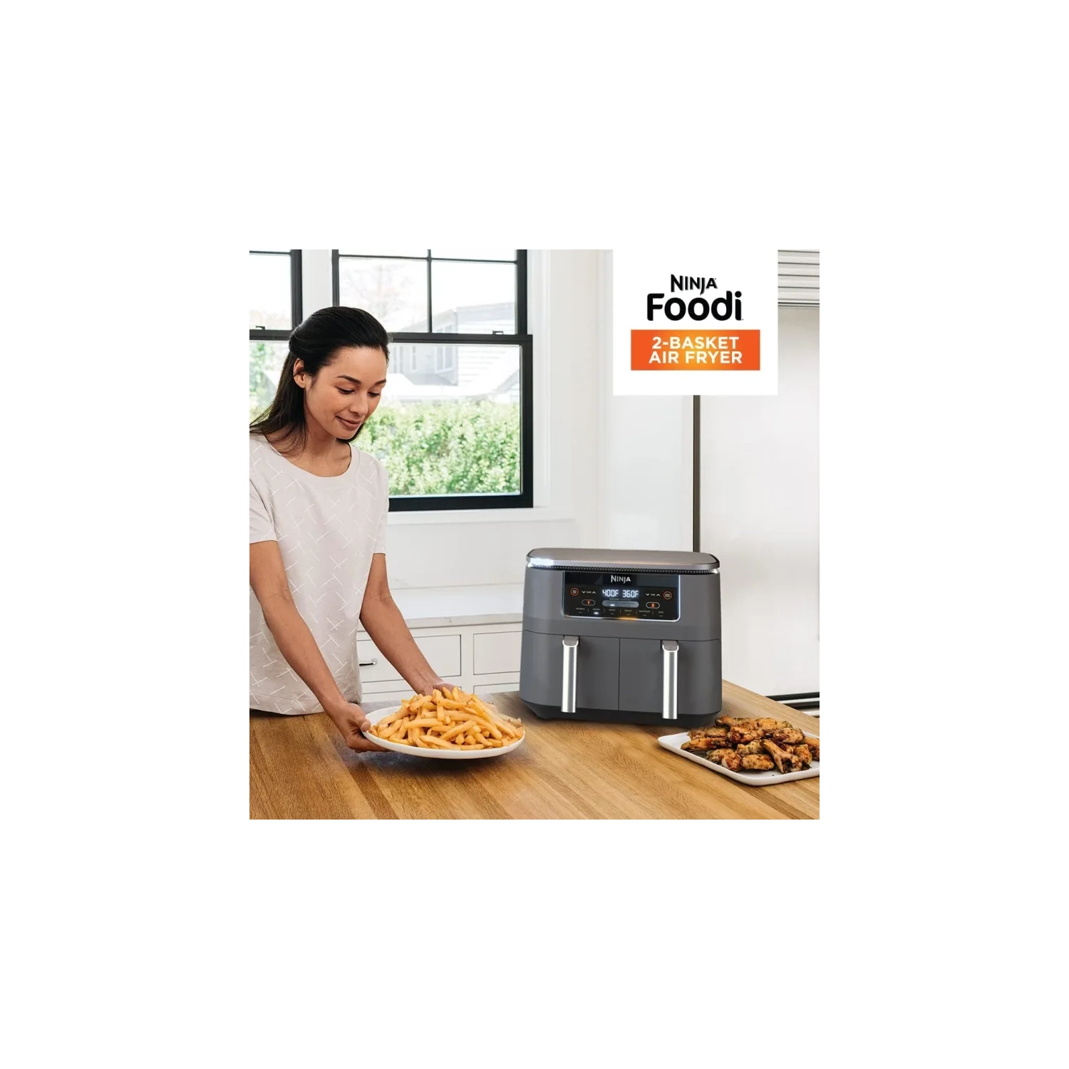 8-qt. Ninja Foodi 6-in-1 Air Fryer with DualZone Technology - Slate Grey | Match Cook & Smart Finish, Roast, Broil, Dehydrate & More - Canadian