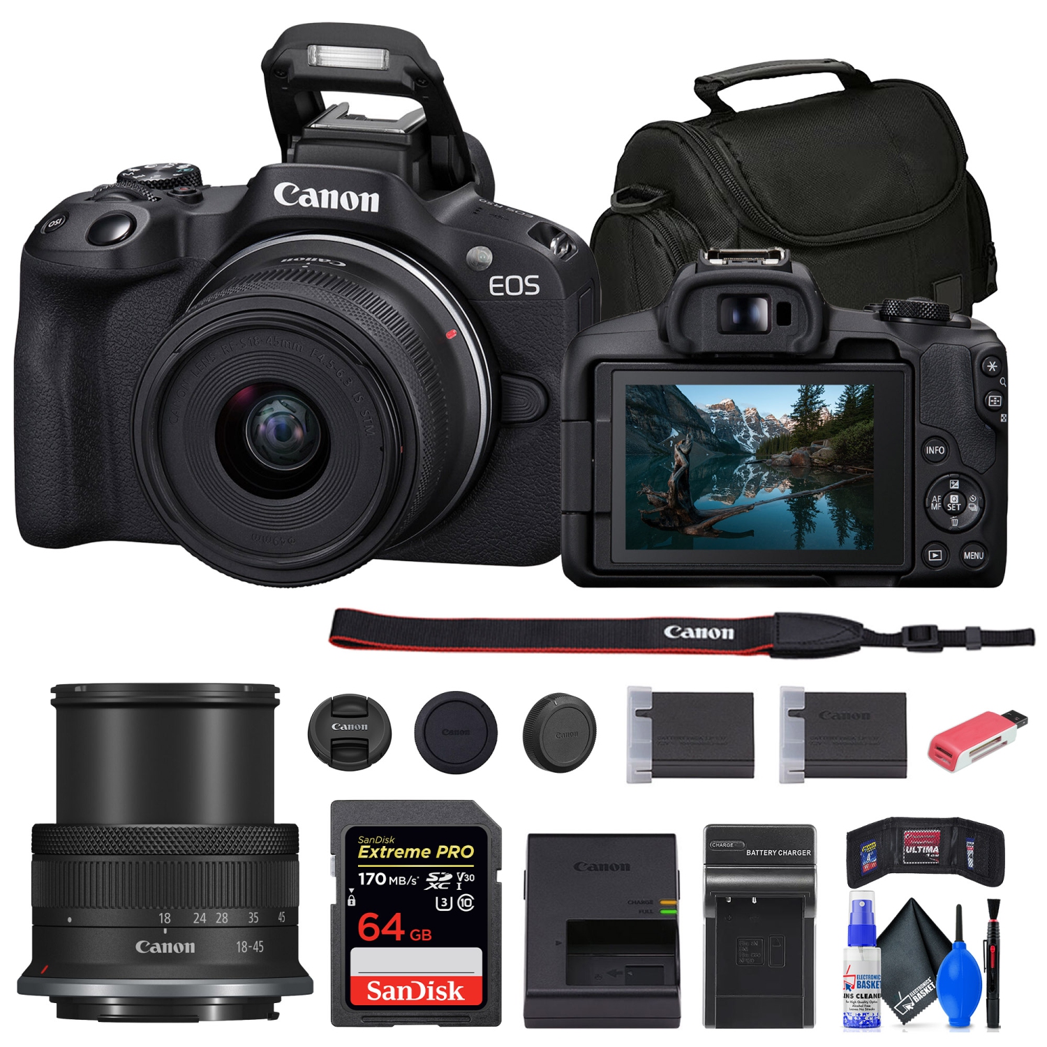 Canon EOS R50 Mirrorless Camera with 18-45mm Lens, 64GB Card, Bag, and More Bundle