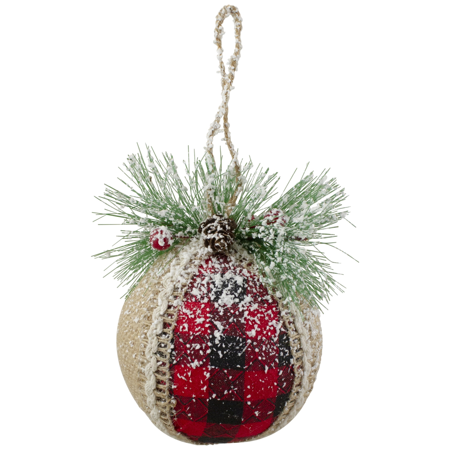 Plaid with Burlap Christmas Ball Ornaments - 6" - Red and Black - 4ct