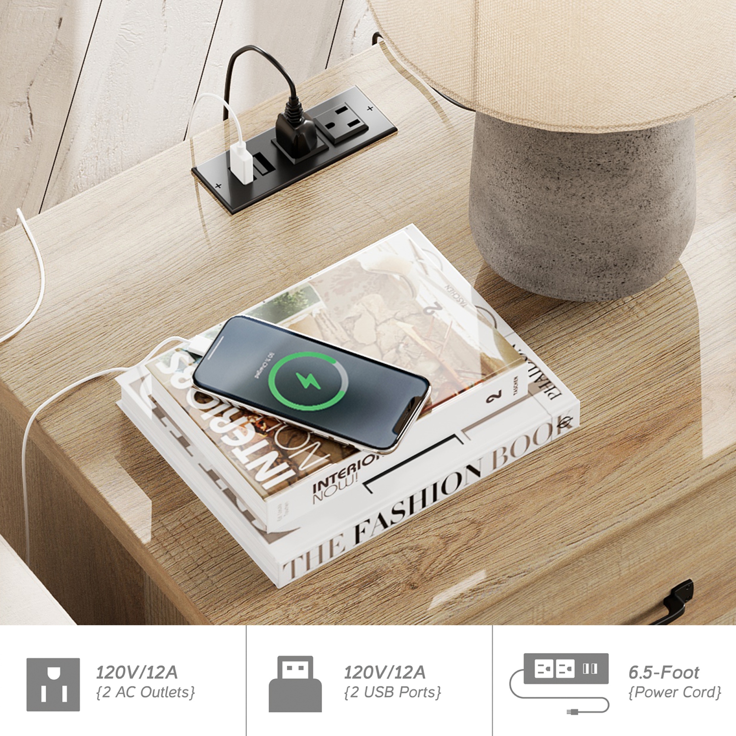 WAMPAT End Table Nightstand with USB Charging Station,Farmhouse Side Table for Living Room with 2 Drawers Oak