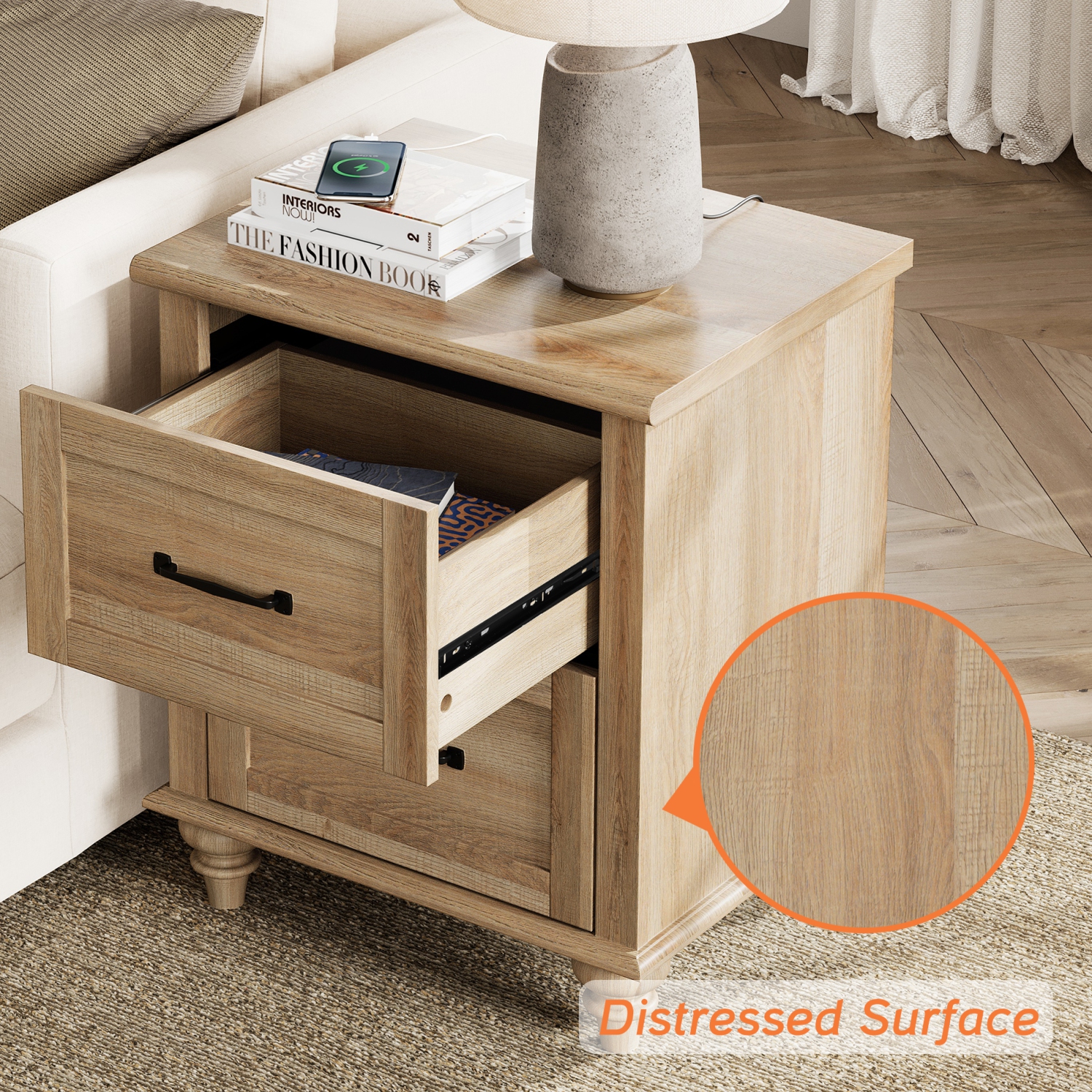 WAMPAT End Table Nightstand with USB Charging Station,Farmhouse Side Table for Living Room with 2 Drawers Oak