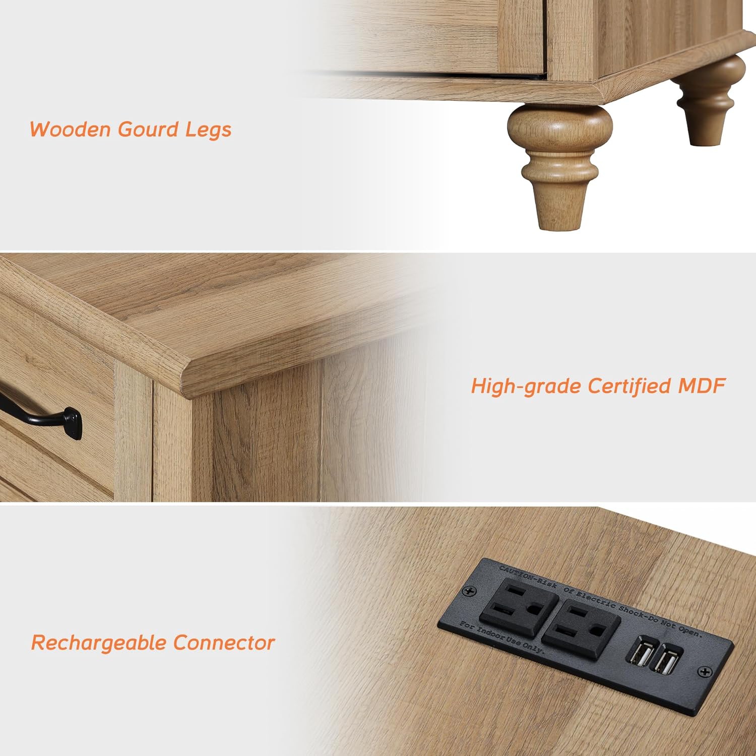 WAMPAT End Table Nightstand with USB Charging Station,Farmhouse Side Table for Living Room with 2 Drawers Oak