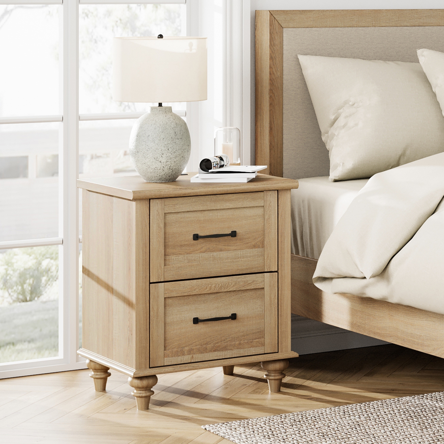 WAMPAT End Table Nightstand with USB Charging Station,Farmhouse Side Table for Living Room with 2 Drawers Oak