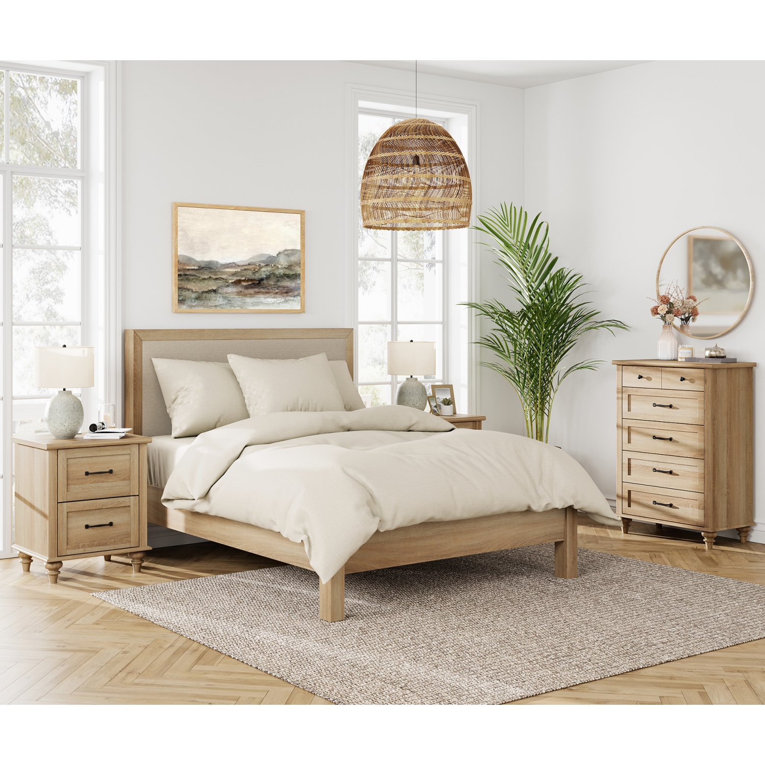 WAMPAT End Table Nightstand with USB Charging Station,Farmhouse Side Table for Living Room with 2 Drawers Oak