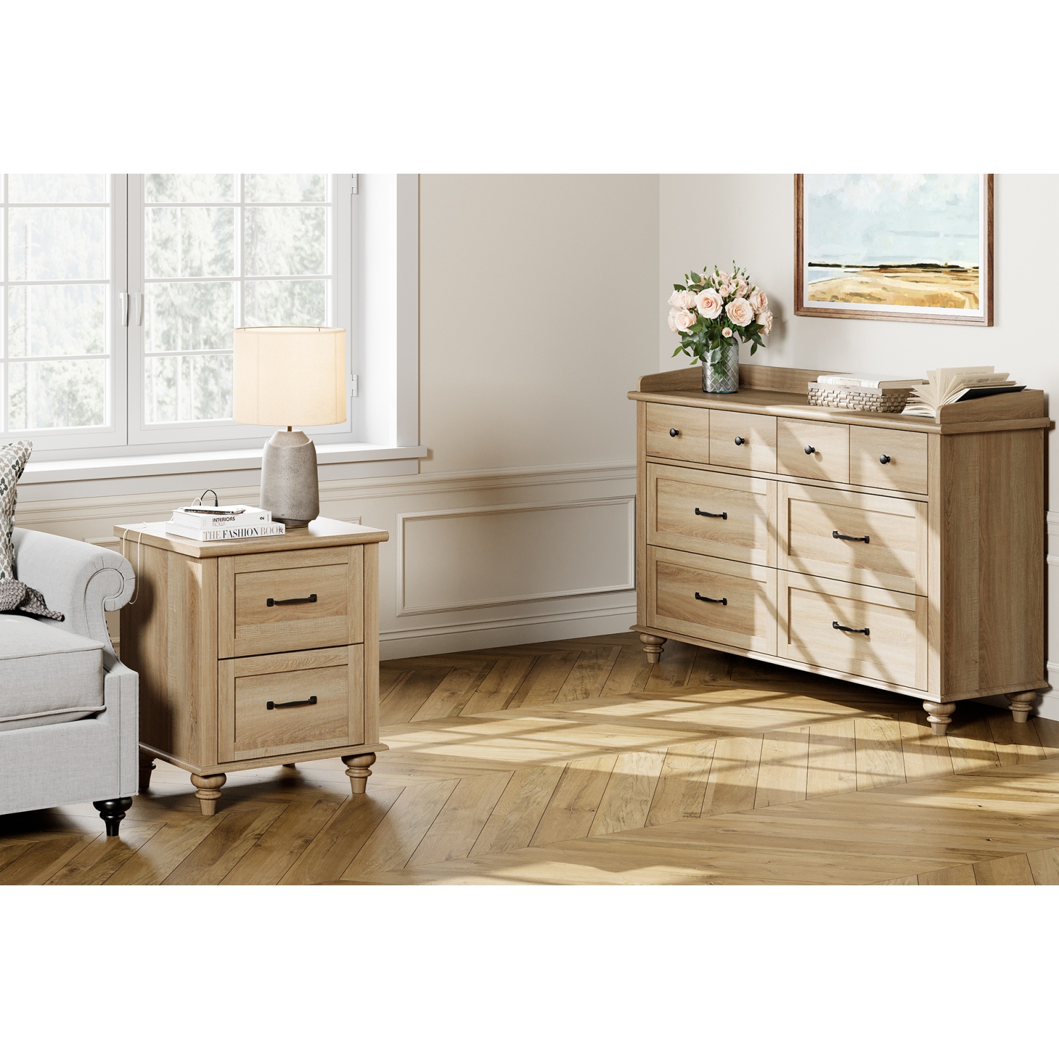 WAMPAT End Table Nightstand with USB Charging Station,Farmhouse Side Table for Living Room with 2 Drawers Oak