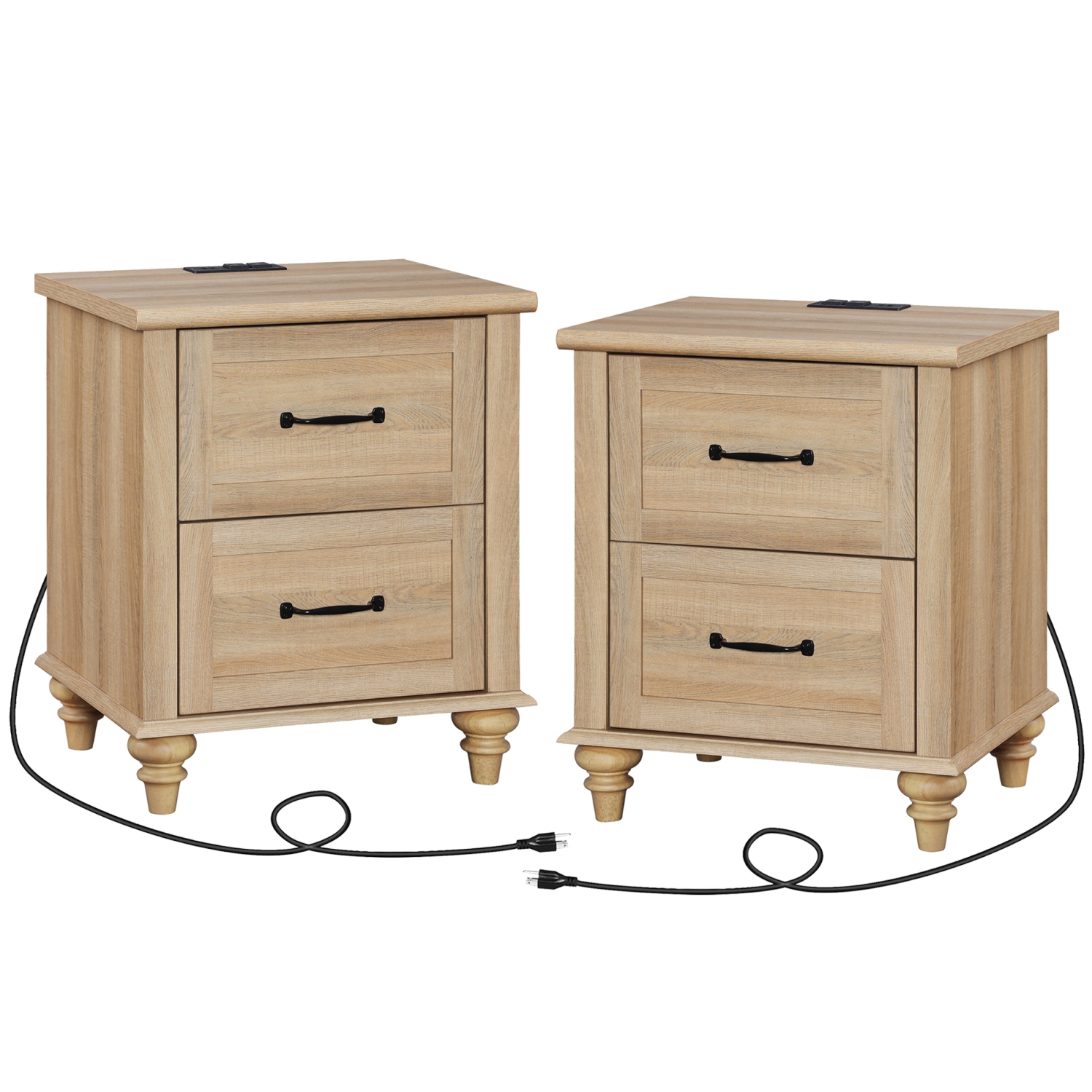WAMPAT Night Stands for Bedrooms Set of 2 End Tables with USB Charging Station Oak