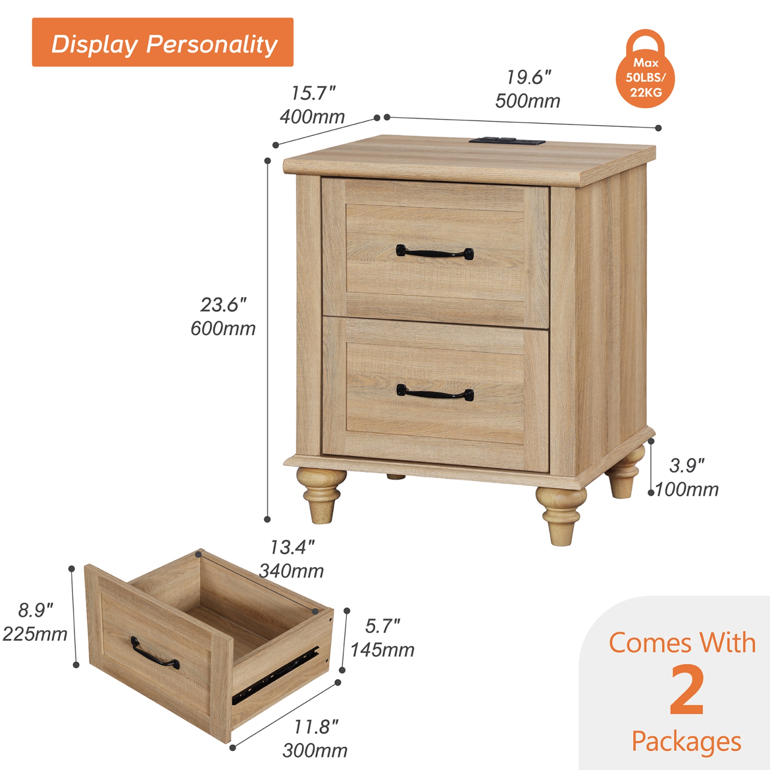 WAMPAT Night Stands for Bedrooms Set of 2 End Tables with USB Charging Station Oak