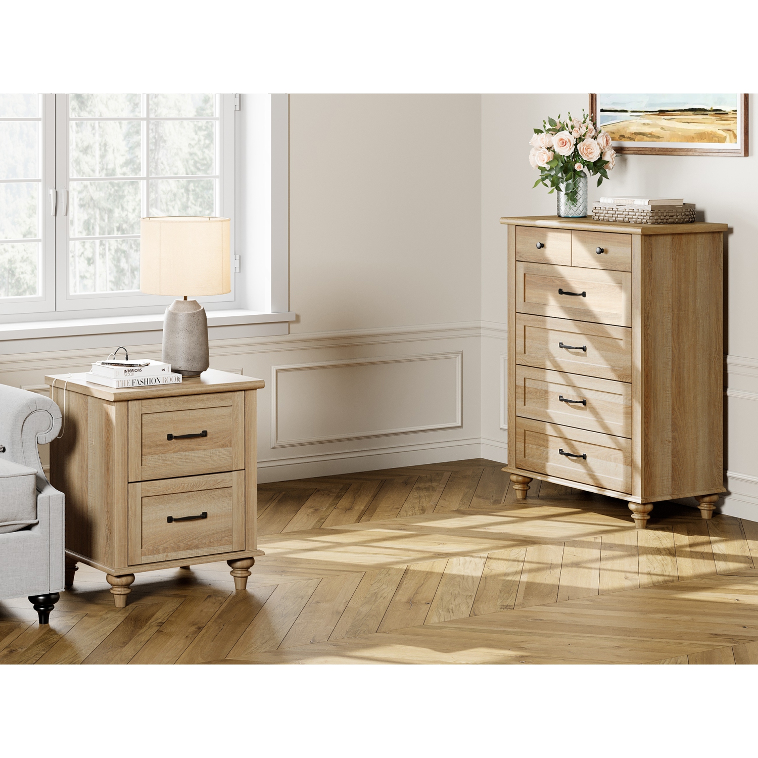 WAMPAT Night Stands for Bedrooms Set of 2 End Tables with USB Charging Station Oak