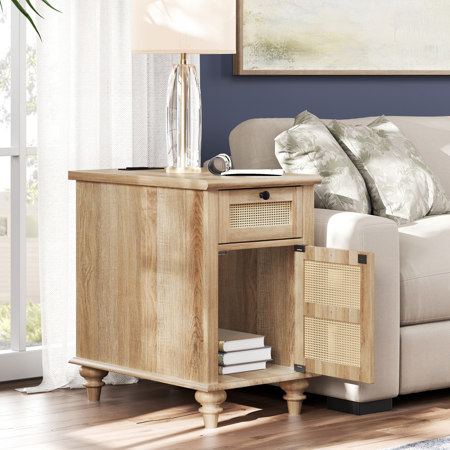 WAMPAT End Table with Charging Station,Wood Side Sofa Table with Drawer and Storage Cabinet,Rattan Weaving Nightstand with Power Outlet&USB Ports