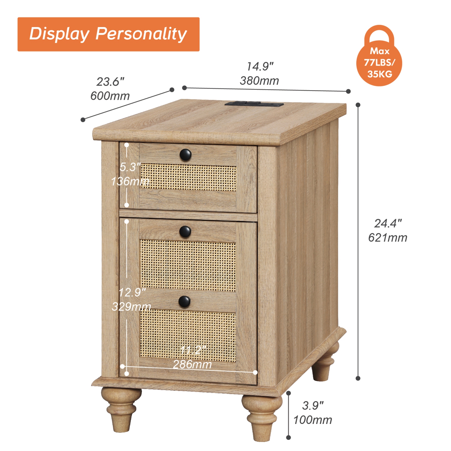 WAMPAT End Table with Charging Station,Wood Side Sofa Table with Drawer and Storage Cabinet,Rattan Weaving Nightstand with Power Outlet&USB Ports