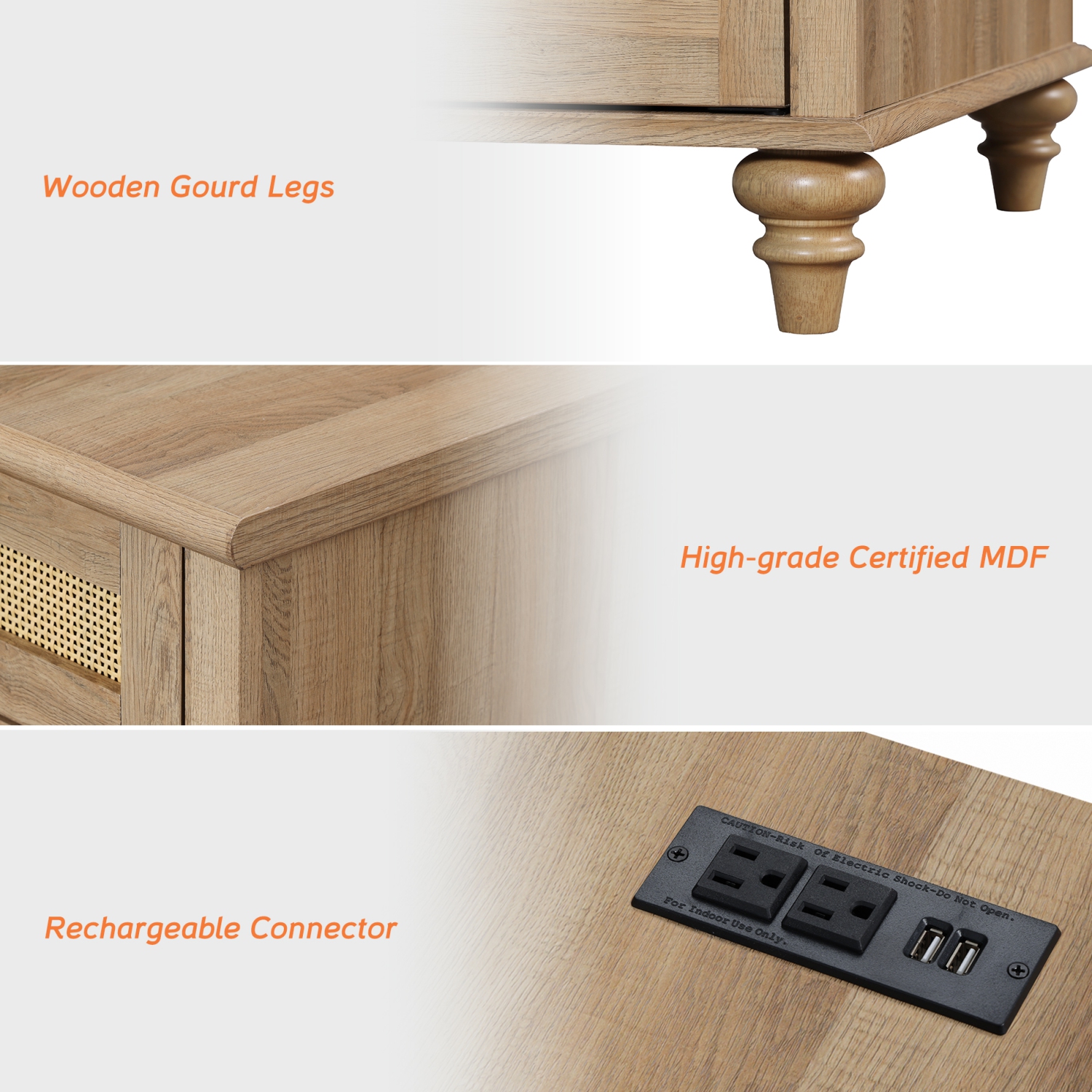 WAMPAT End Table with Charging Station,Wood Side Sofa Table with Drawer and Storage Cabinet,Rattan Weaving Nightstand with Power Outlet&USB Ports