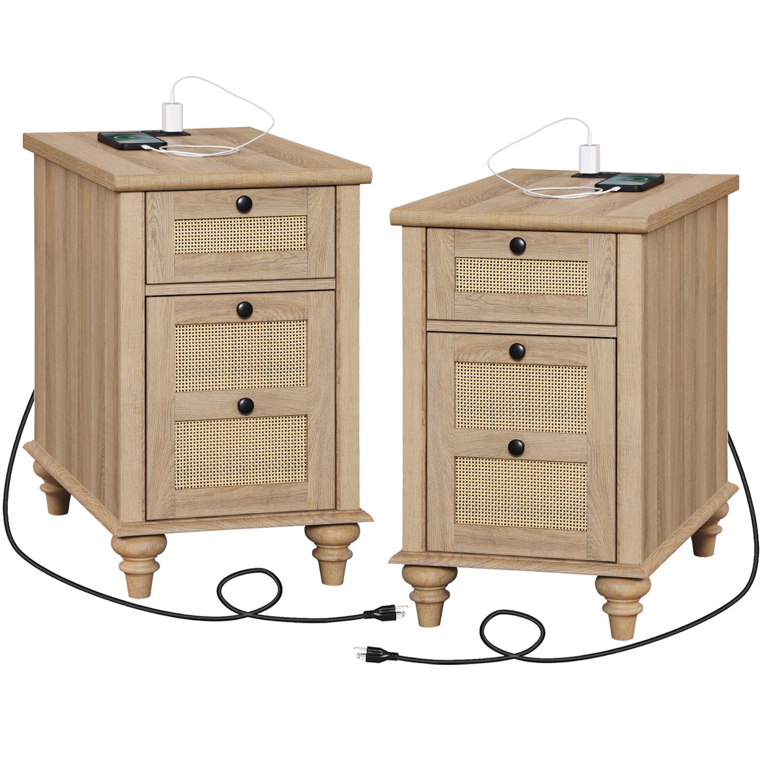 WAMPAT 2 Pack End Table with Charging Station,Wood Side Sofa Table with Drawer and Storage Cabinet, Oak