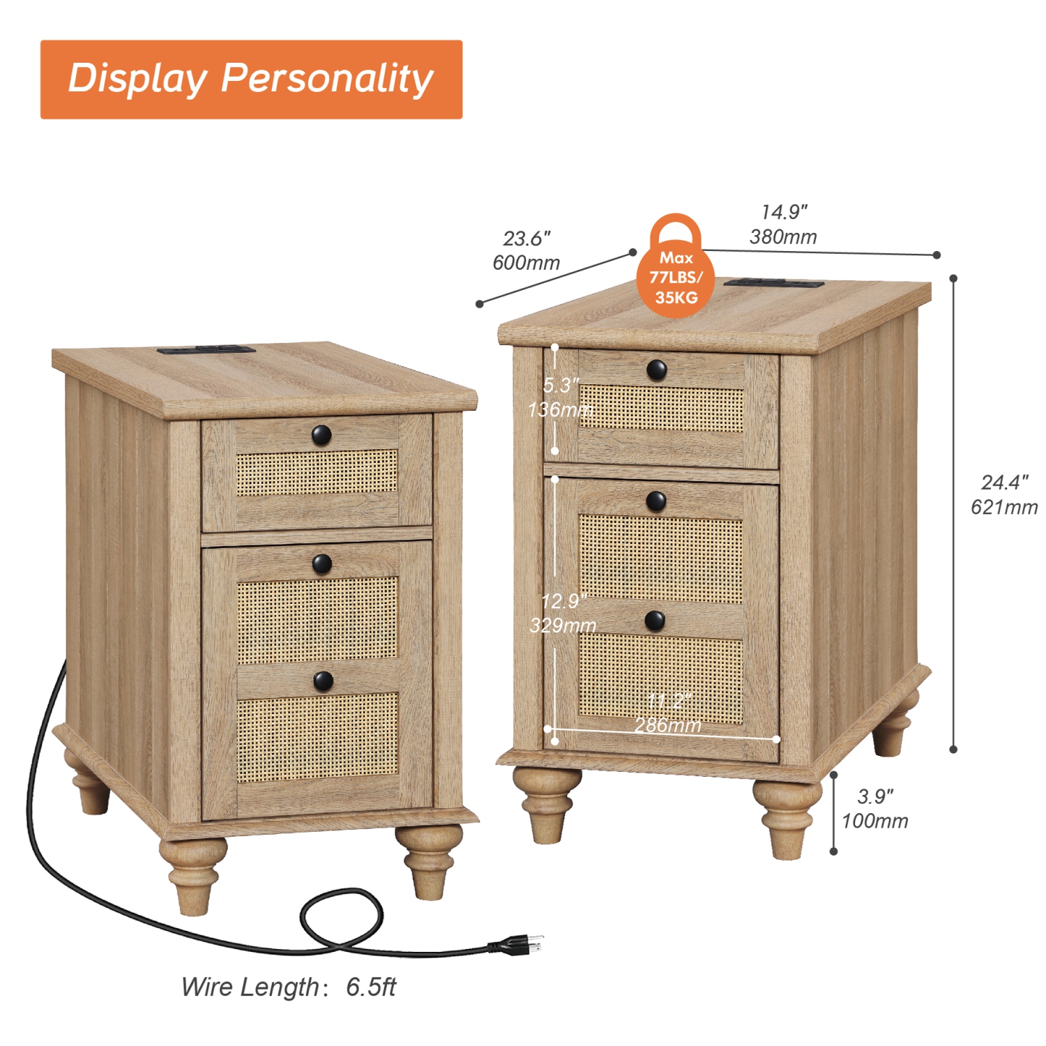 WAMPAT 2 Pack End Table with Charging Station,Wood Side Sofa Table with Drawer and Storage Cabinet, Oak