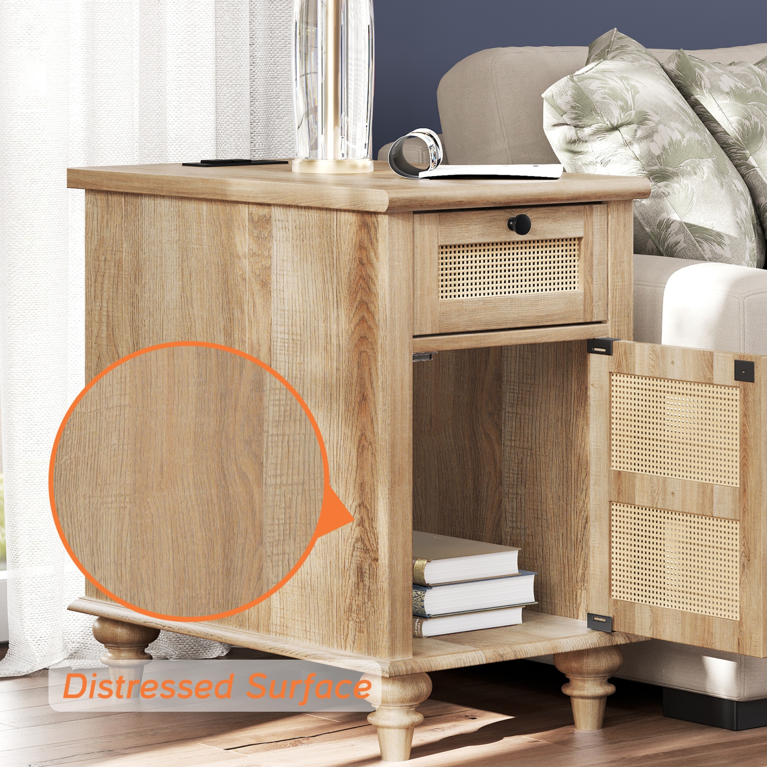 WAMPAT 2 Pack End Table with Charging Station,Wood Side Sofa Table with Drawer and Storage Cabinet, Oak