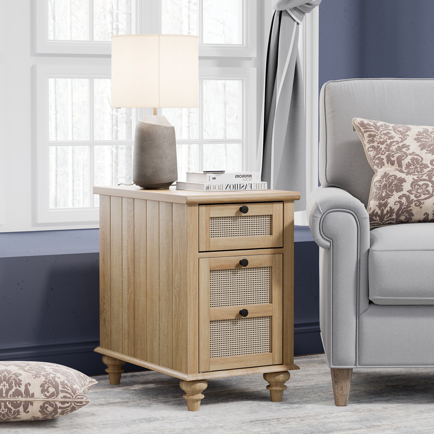 WAMPAT 2 Pack End Table with Charging Station,Wood Side Sofa Table with Drawer and Storage Cabinet, Oak