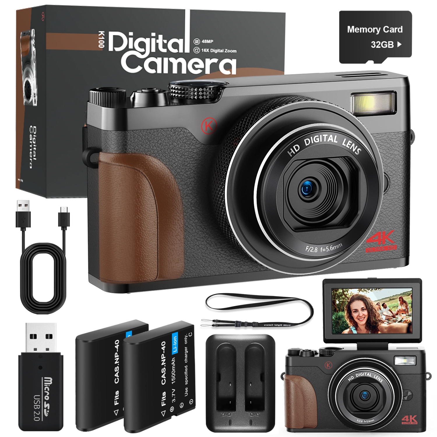 Digital Camera, Cameras for Photography,4K&48MP Video Camera, Vlogging Camera for YouTube, Compact Small Camera with Two Batteries, Digital Point and Shoot Camera with 16X Zoom