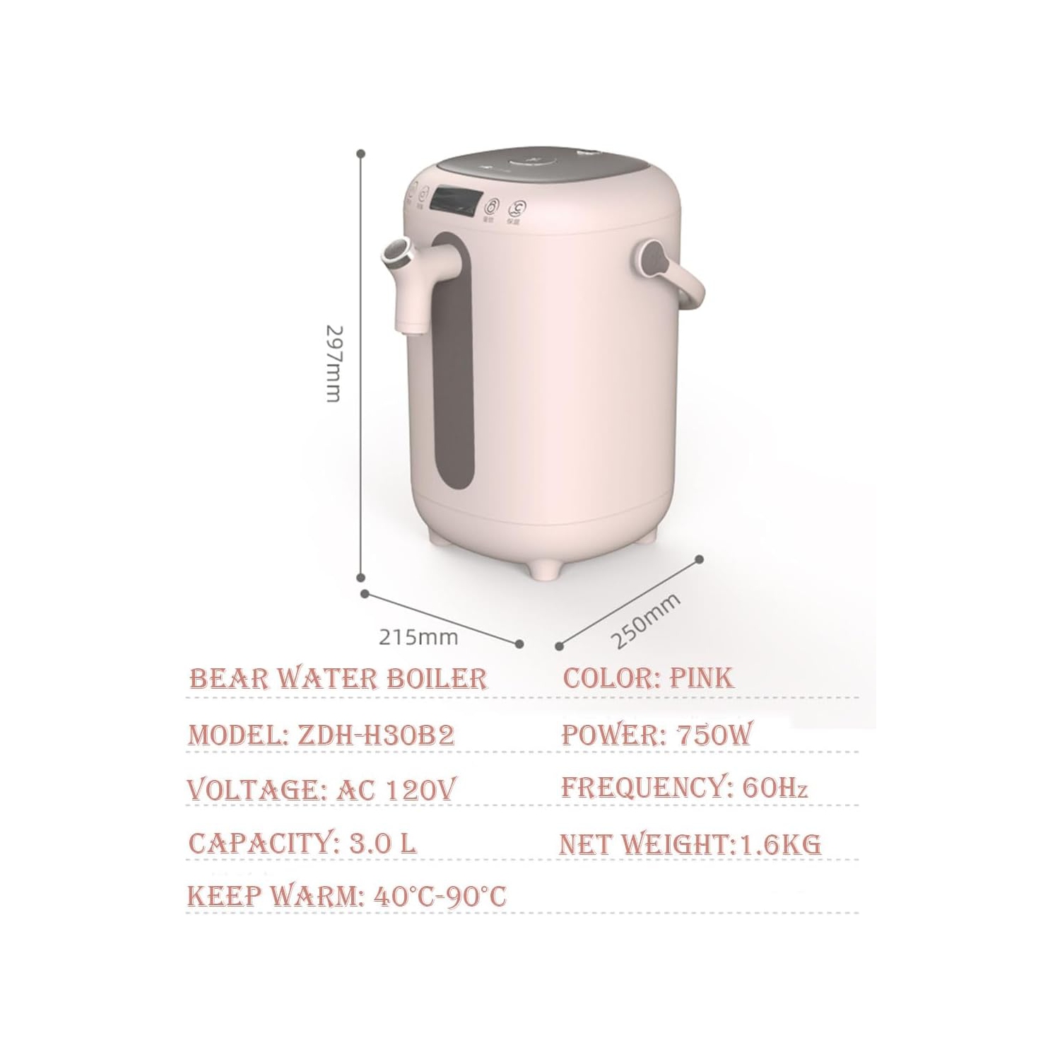 Bear Water Boiler, Electric Hot Water Pot, Safety Lock, Instant Heating for Coffee & Tea, Auto-Shutoff & Boil Dry Protection, 3.0L, PINK