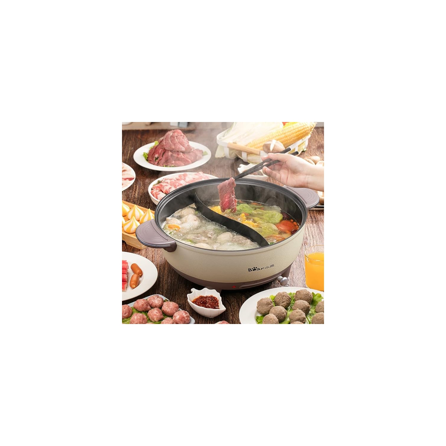 Bear Electric Hot Pot, 6L Electric Cooker- Multi-Functional Pot for Shabu-shabu, Noodles, Soup, 1500W Dual-Sided Shabu Hot Pot -Yellow