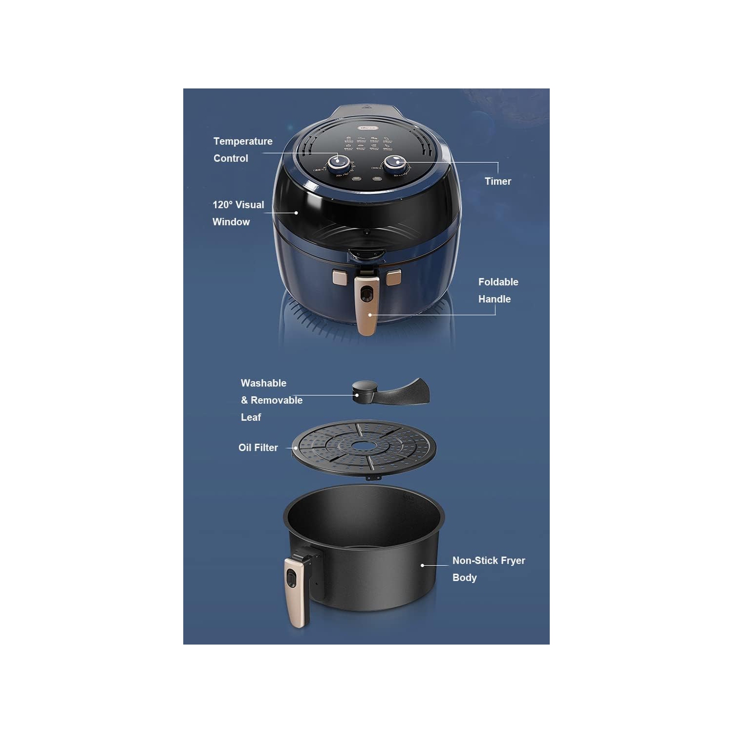 BEAR Air Fryer 10 in 1 Digital Air Fryer Oven 6.5 QT with Free Recipes, Oil-Free Air Fryer Toaster Oven with 120° Visible Window, One Touch Screen,