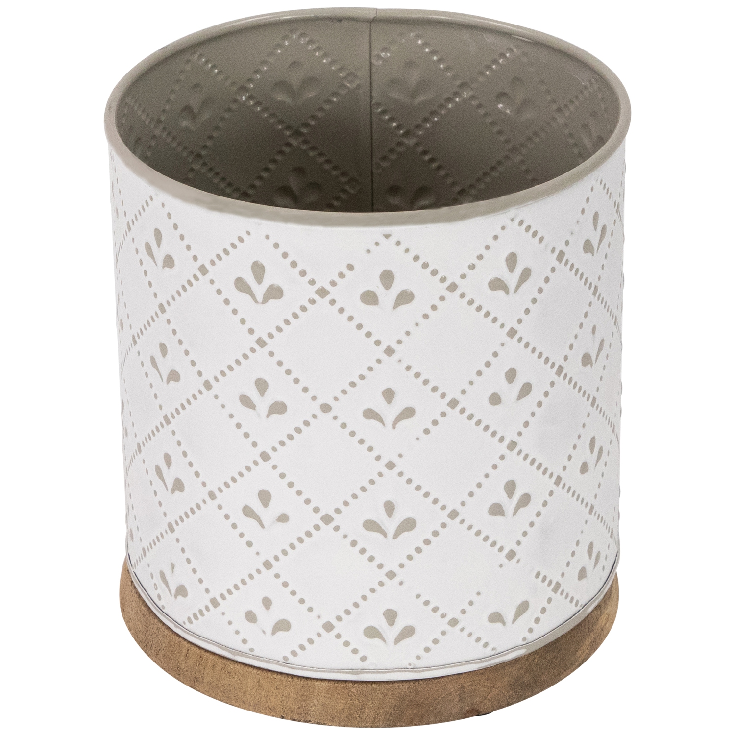 6.5" White Round Embossed Storage Container with Wooden Base