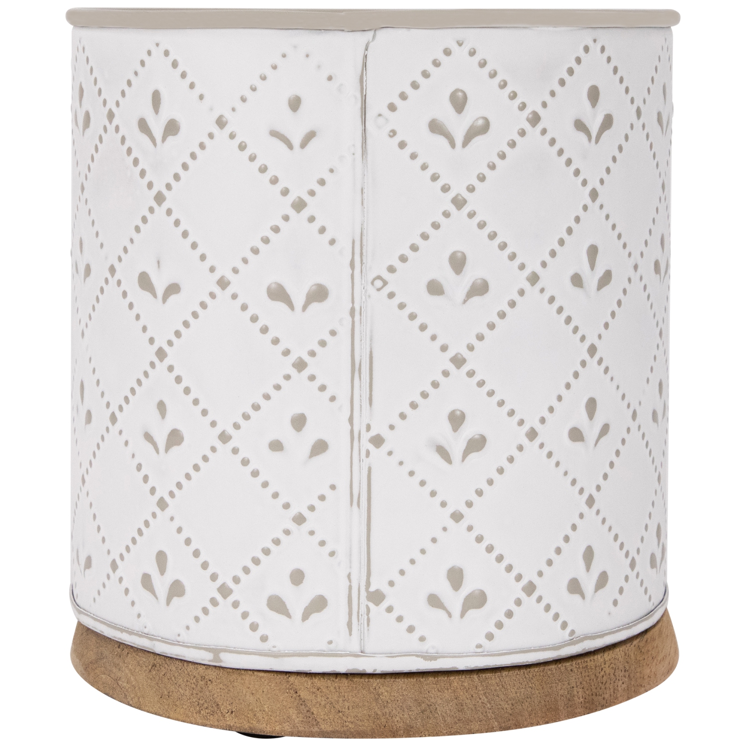 6.5" White Round Embossed Storage Container with Wooden Base