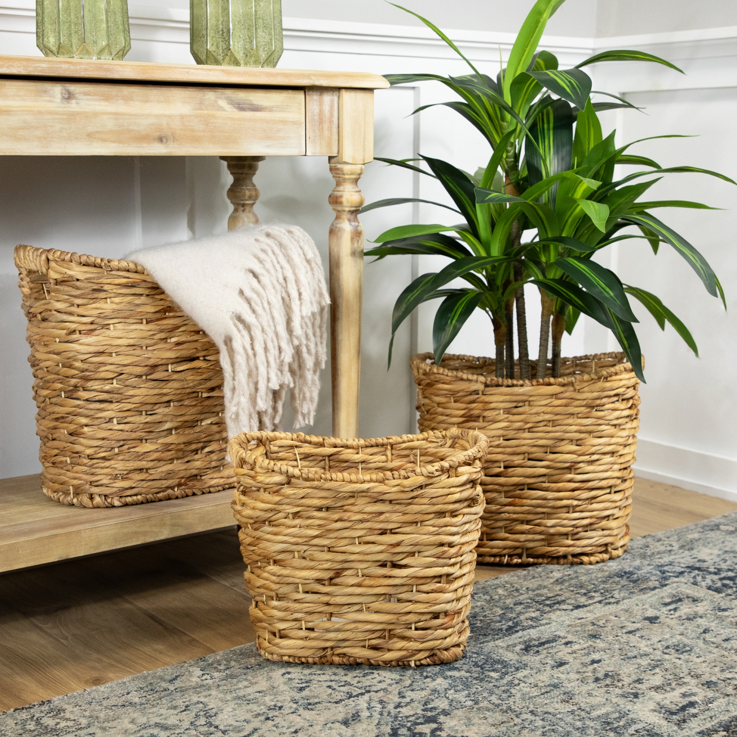 Set of 3 Oval Braid Weave Water Hyacinth Baskets with Built-in Handles 17.25"
