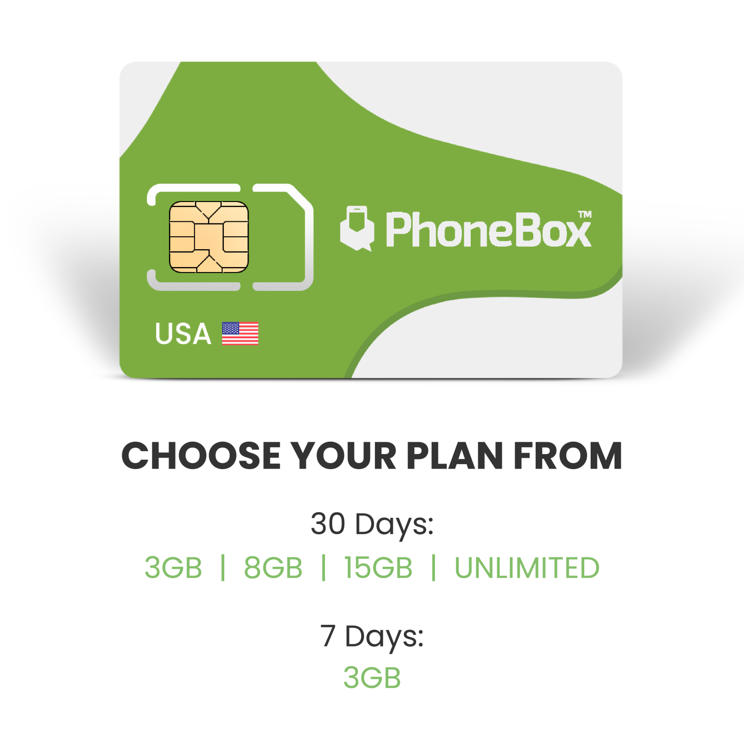 PhoneBox USA Prepaid SIM Card | Choose 3GB, 8GB, 15GB or Unlimited for 30 Days or 3GB for 7 Days | No Contracts! 5G Data, Affordable Phone Plans! Talk, Text, Data! No overage fees!