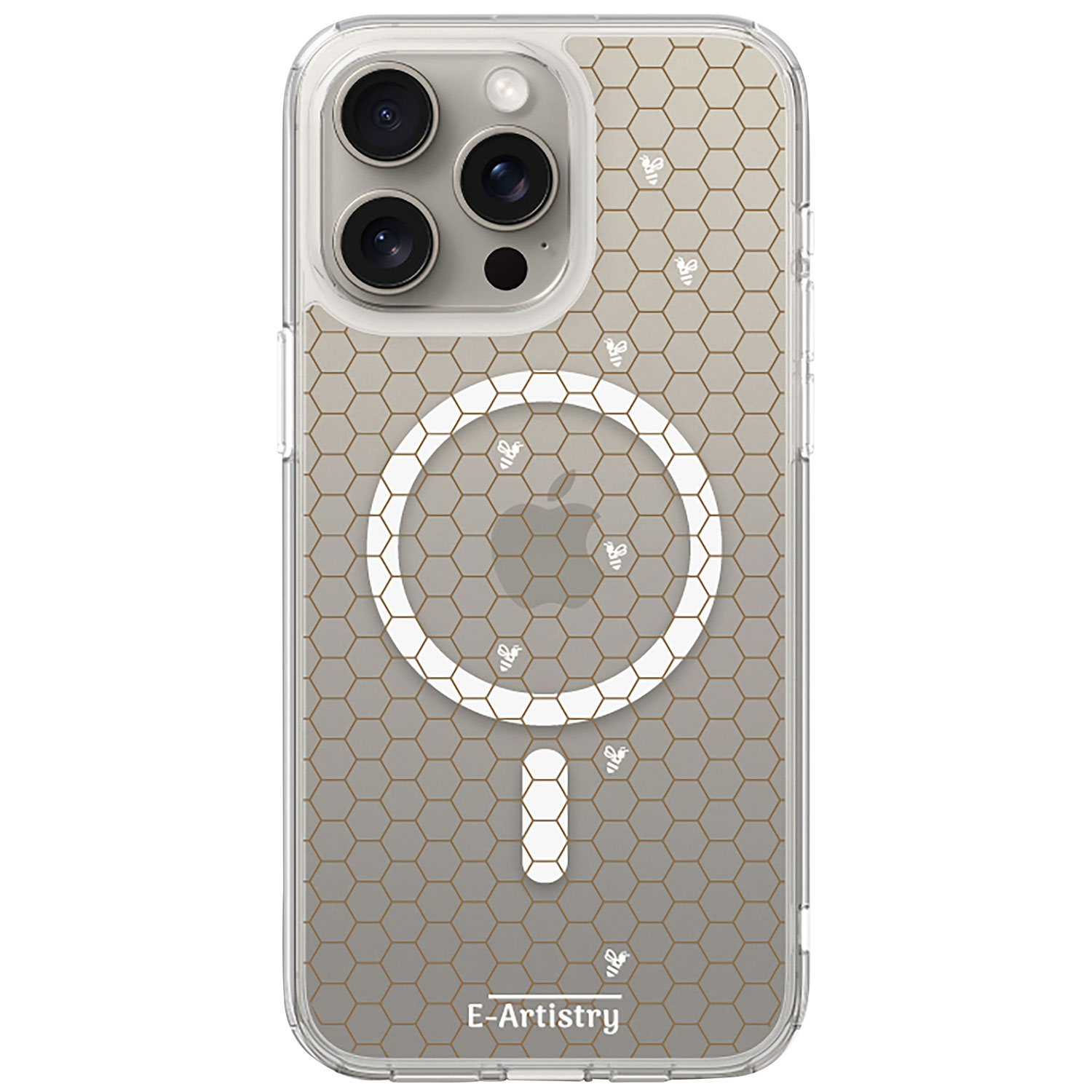 E-Artistry Signature Honeycomb Fitted Hard Shell Case w/MagSafe for iPhone 15 Pro Max- Clear- White/Gold