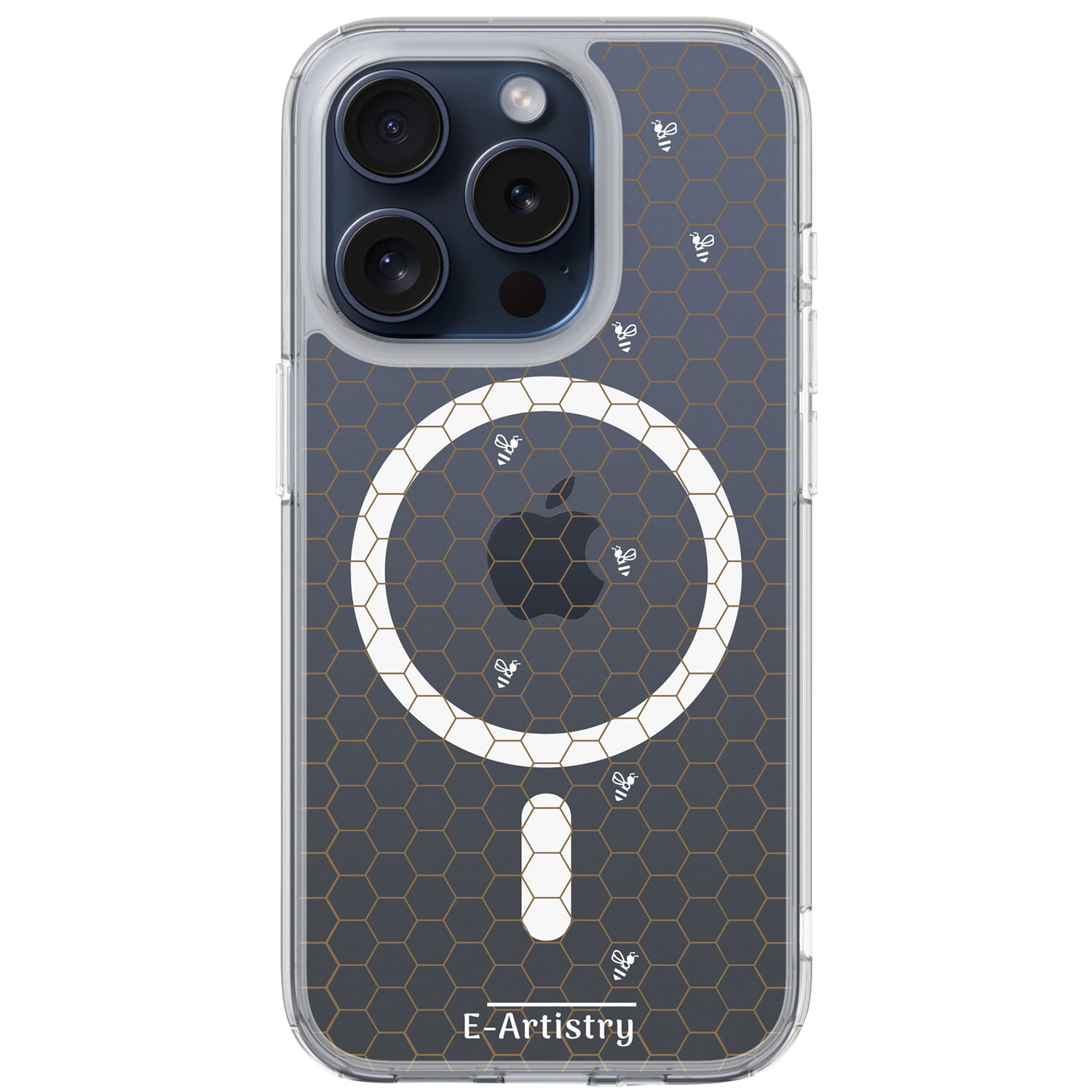 Étui rigide ajusté Signature Honeycomb d'E-Artistry avec MagSafe pour iPhone 15 Pro - Transparent/Blanc/Doré