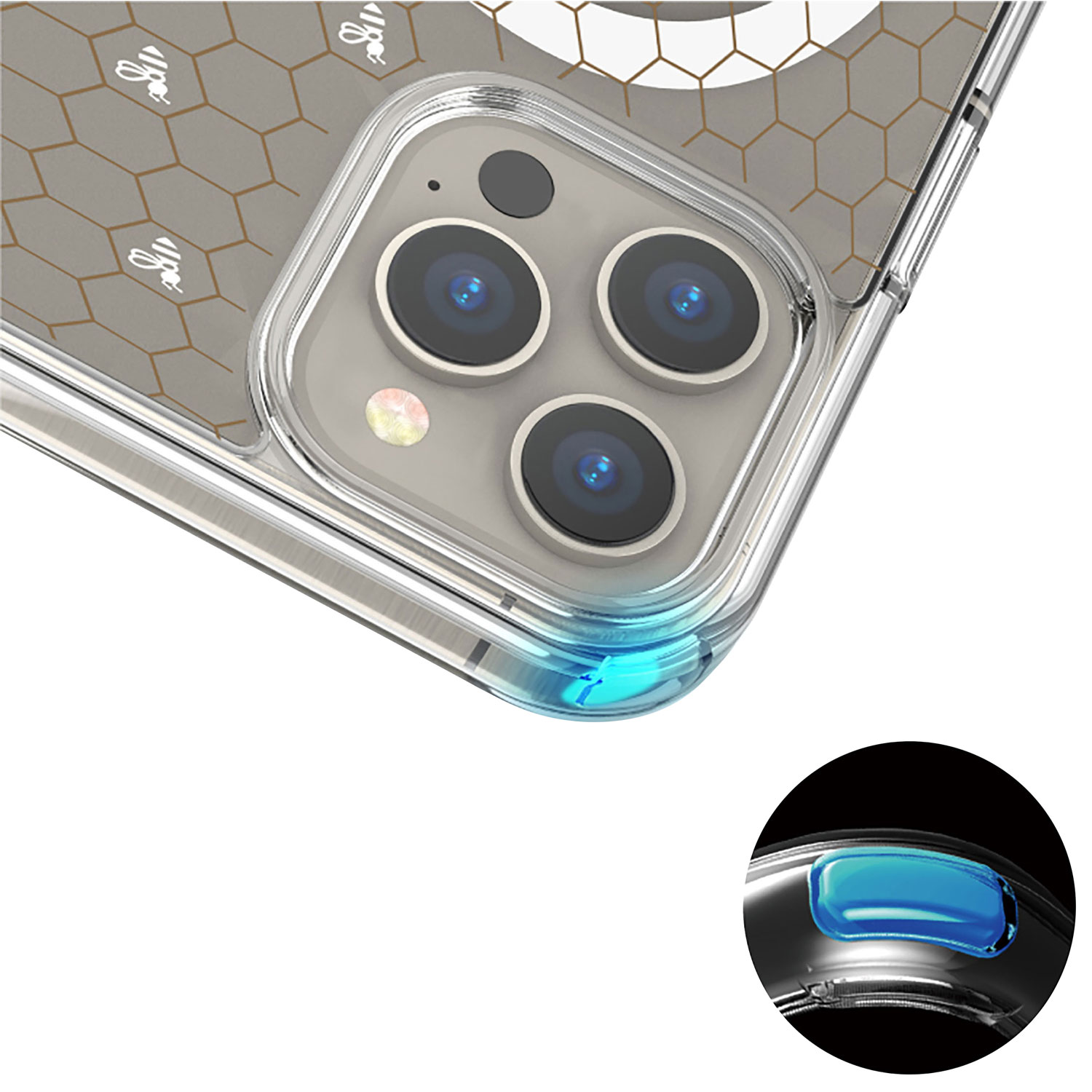 Étui rigide ajusté Signature Honeycomb d'E-Artistry avec MagSafe pour iPhone 15 Pro - Transparent/Blanc/Doré