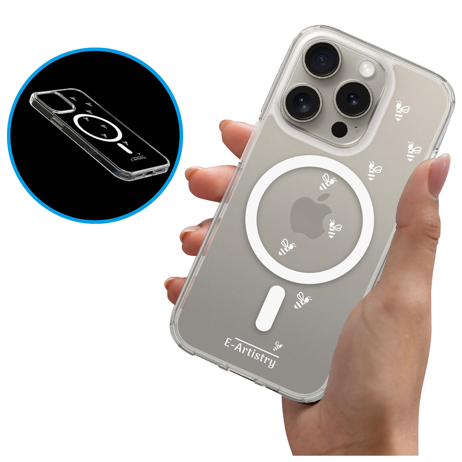 Étui rigide ajusté Signature Bee Spiral d'E-Artistry avec MagSafe pour iPhone 15 Pro - Transparent/Blanc