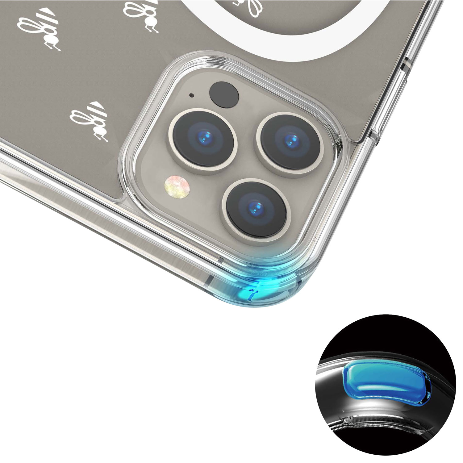 Étui rigide ajusté Signature Bee Spiral d'E-Artistry avec MagSafe pour iPhone 15 Pro - Transparent/Blanc